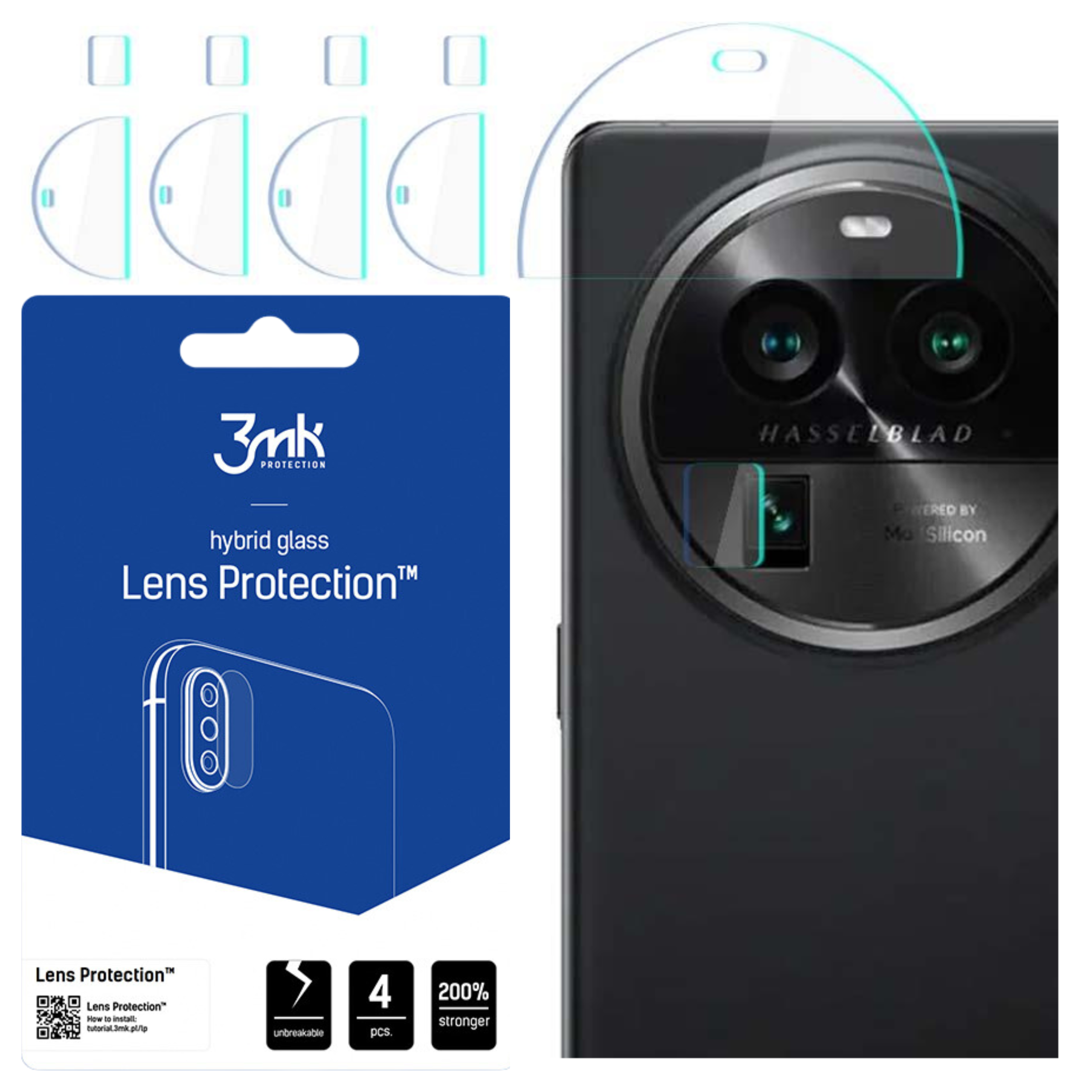 Un telefono e protezioni per lenti. La confezione mostra il nome del prodotto. Il telefono ha una fotocamera Hasselblad.