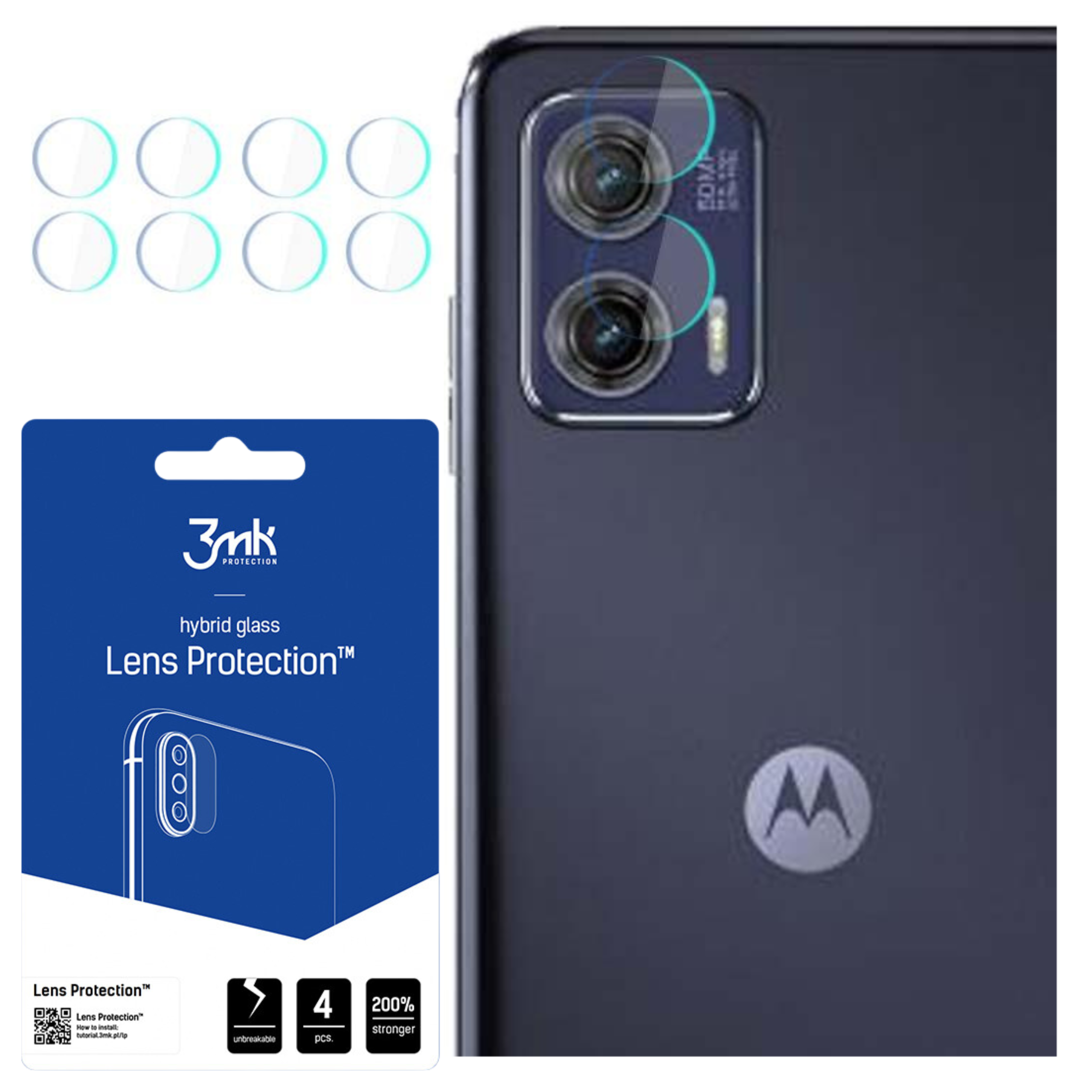 L'immagine mostra il retro di un telefono, protezioni per lenti e confezione. Il telefono è blu scuro. Un logo è visibile.