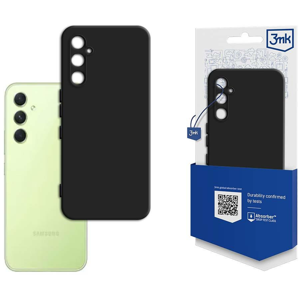 Un telefono e una custodia nera sono accanto a una confezione con una custodia all'interno. La confezione ha testo e un codice QR.