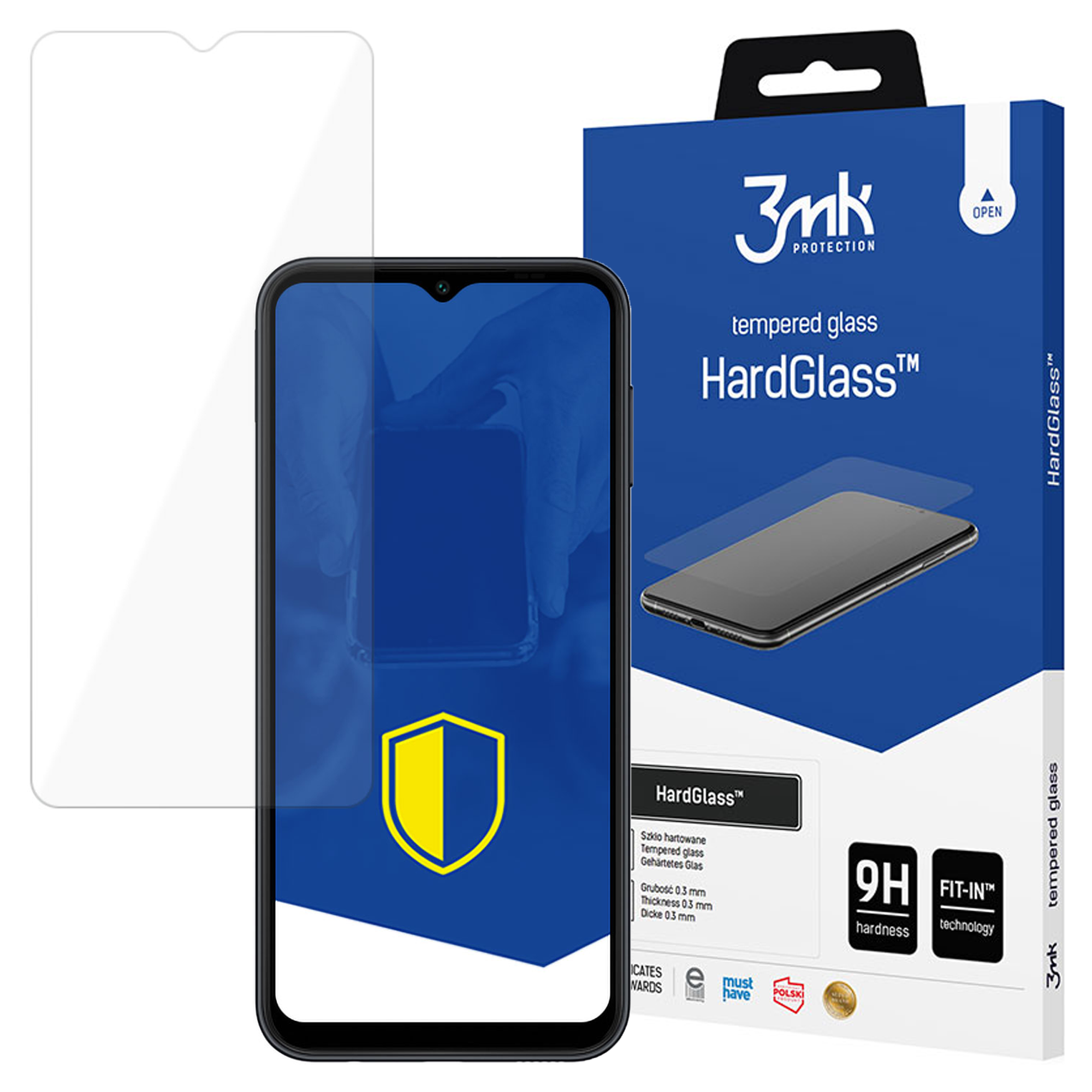 Un telefono con protezione schermo, una scatola di vetro temperato HardGlass e una protezione schermo separata.