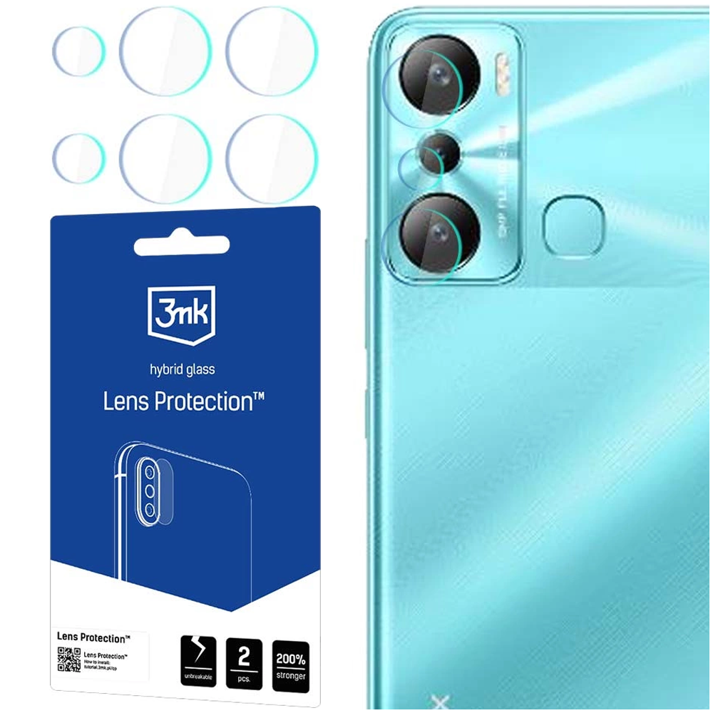 Un telefono e protezioni schermo a sinistra. Il telefono è turchese. La confezione è blu.