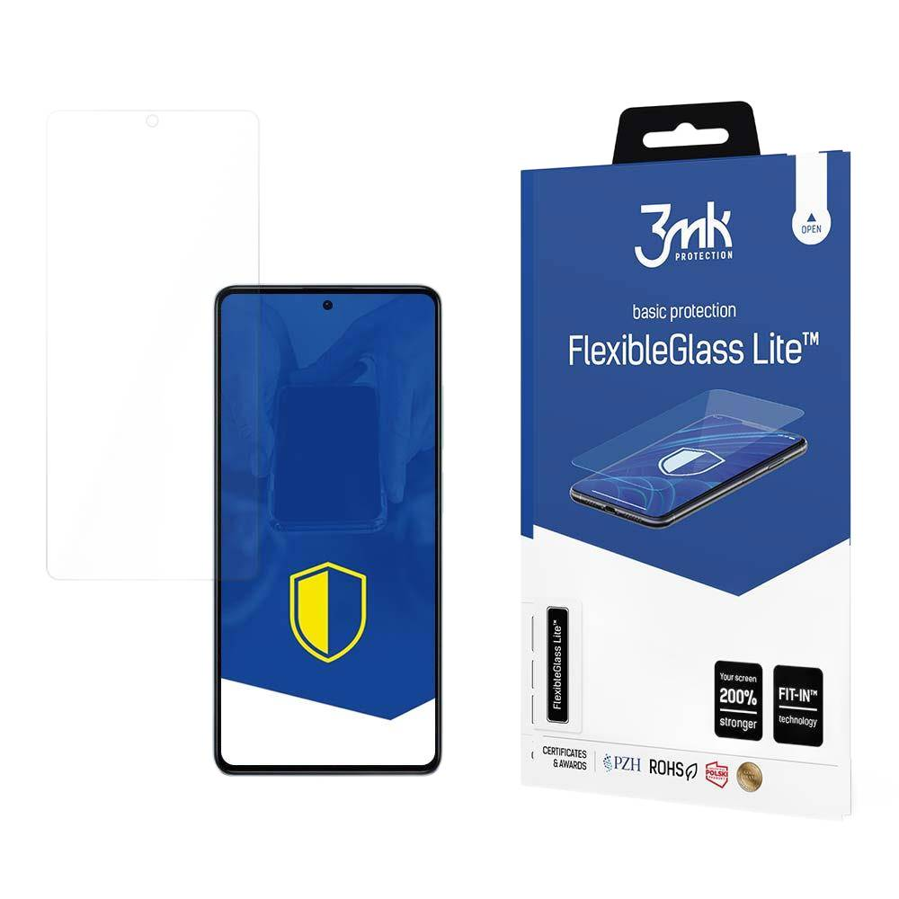 Una scatola di protezione per lo schermo del telefono. La scatola è blu, con il marchio '3mk'. Il protettore e un telefono sono visibili.