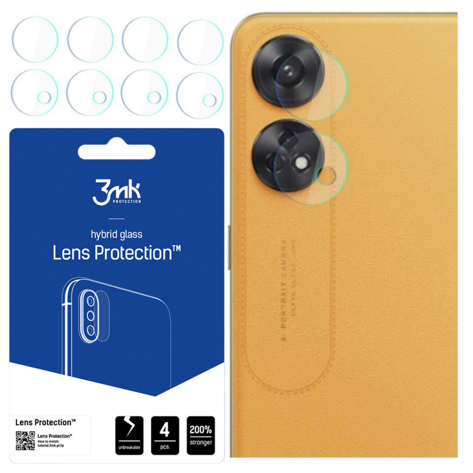 L'immagine mostra protezioni per lenti, retro del telefono e confezione del prodotto con marchio e caratteristiche.