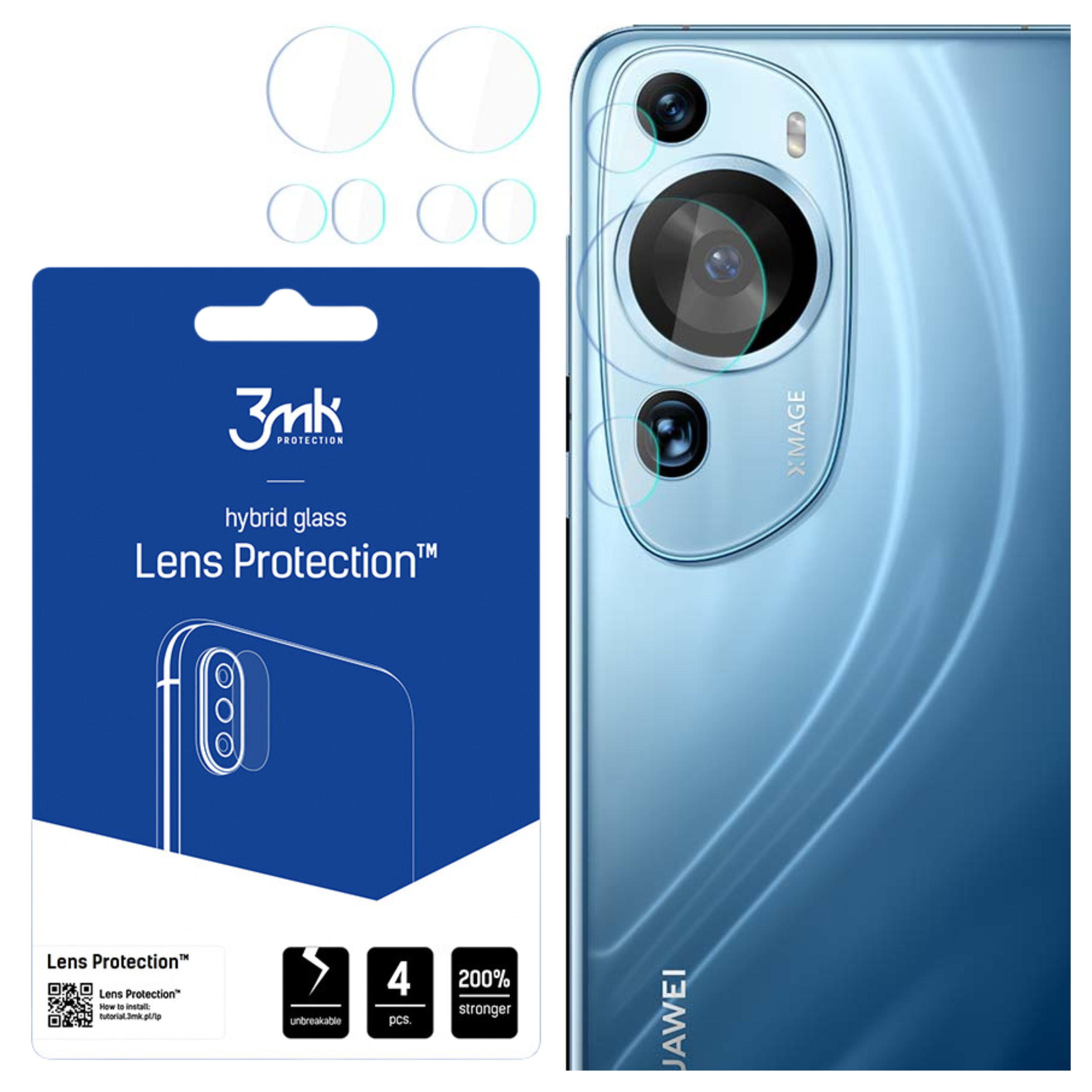 Un telefono e protezioni per lenti. Una confezione blu con testo e un telefono con protezioni per lenti.