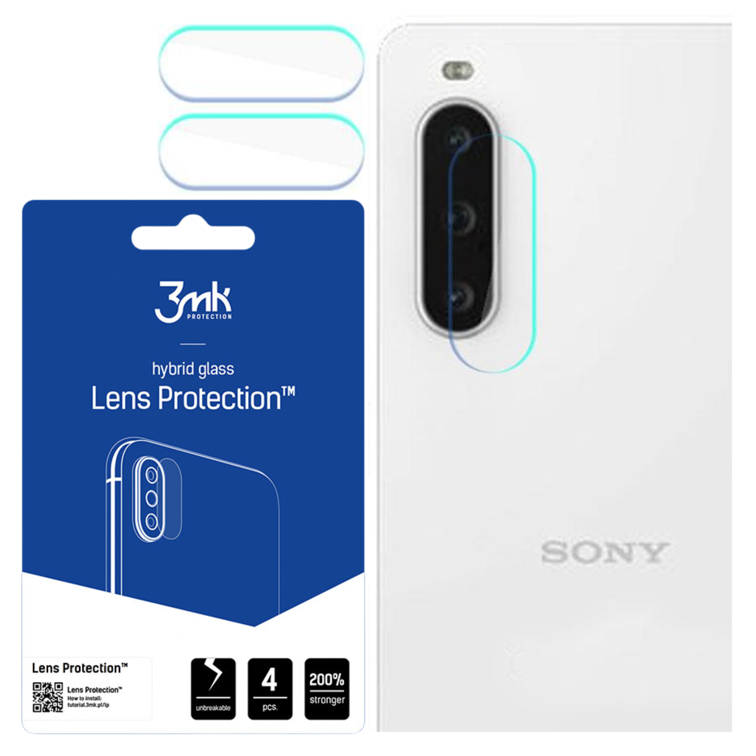 Un telefono e delle protezioni per lo schermo sono mostrati. Una confezione blu mostra il nome della protezione.