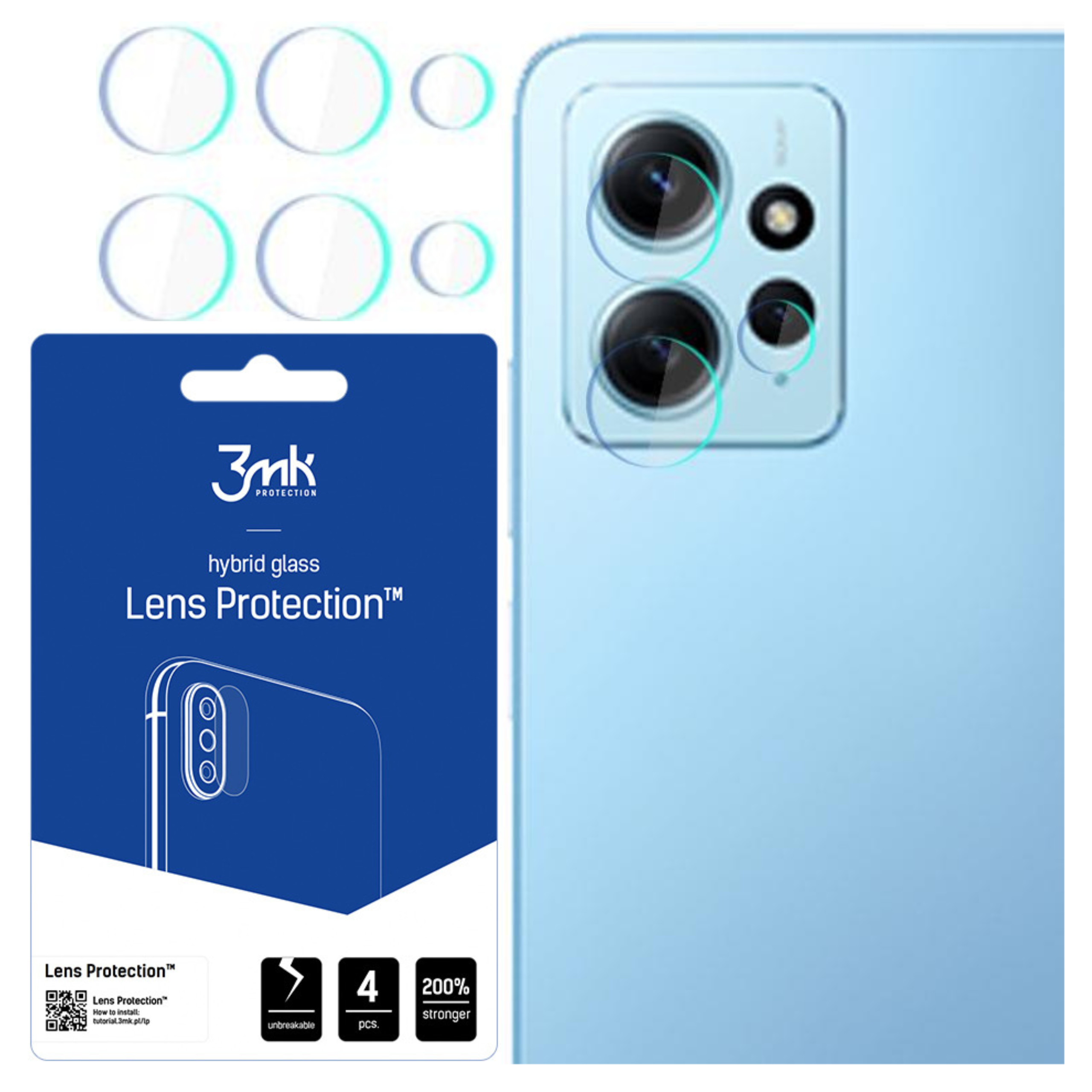 Un telefono e protezioni per lenti. Il telefono blu ha lenti della fotocamera protette da vetro trasparente. Una confezione è a sinistra.