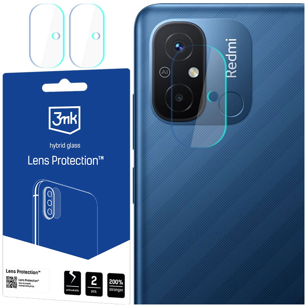 Un telefono con protezione per lenti, custodia e protezioni per lenti. Il telefono è blu, e la custodia è blu navy con testo bianco.