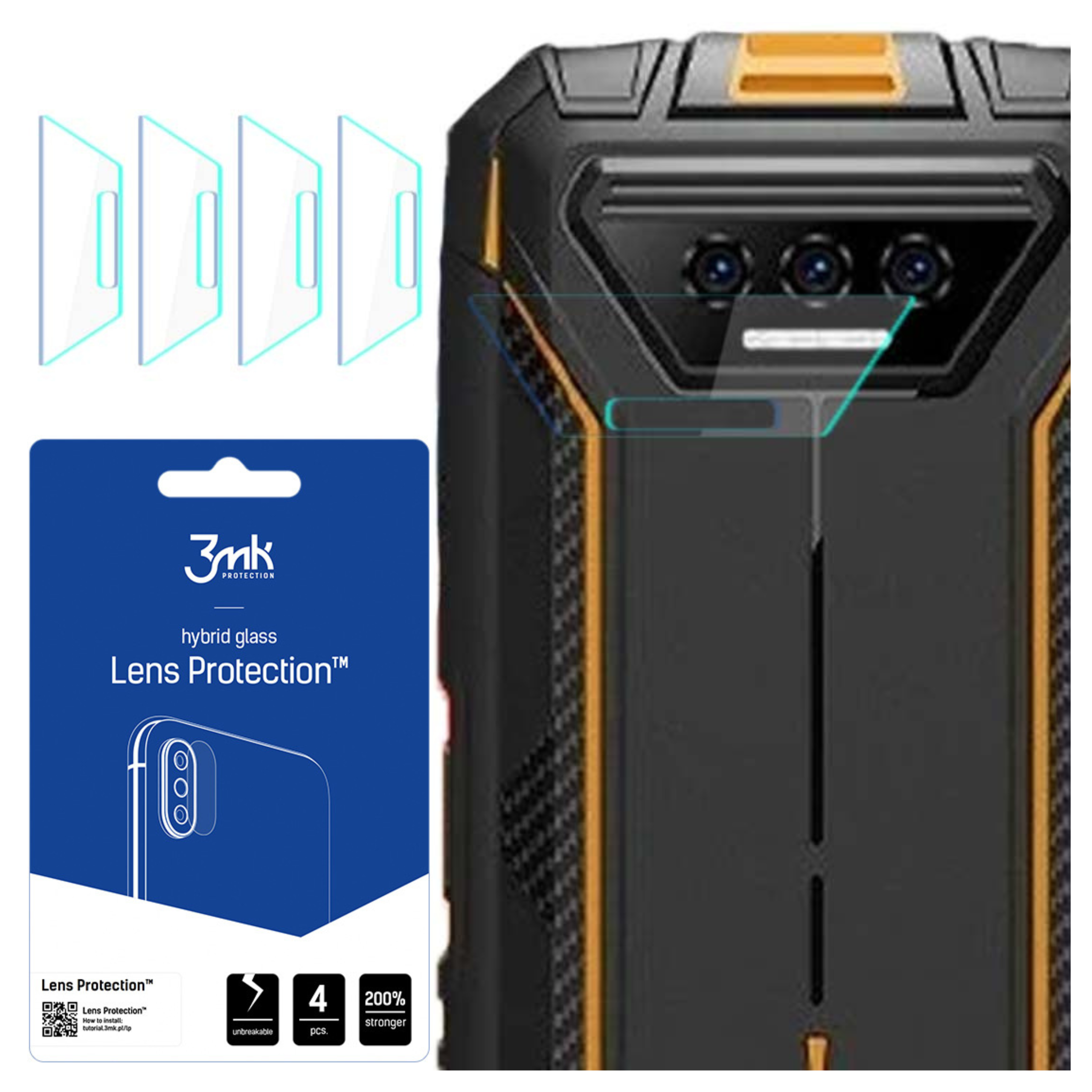 L'immagine mostra un kit di protezione per telefono. Contiene protezioni, telefono e confezione. Il telefono è nero e arancione.