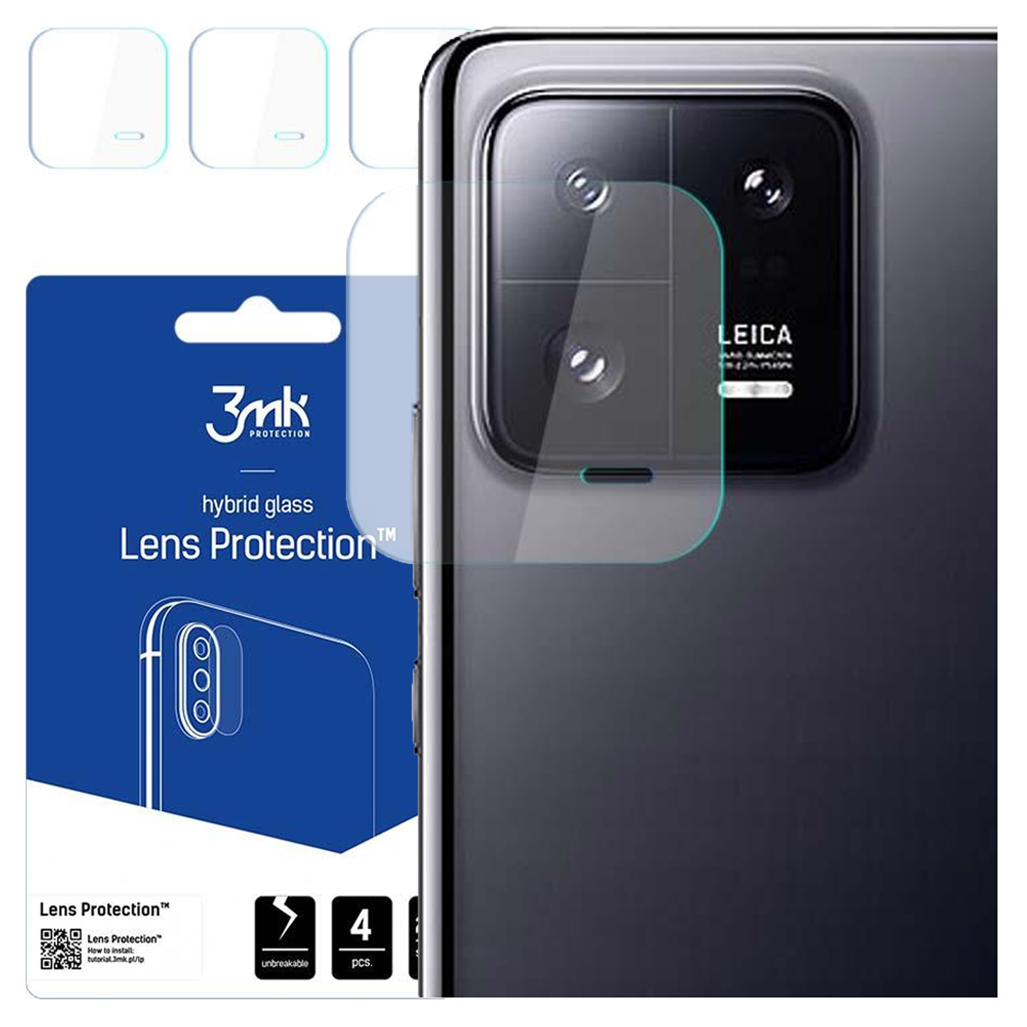 Telefon z ochroną obiektywu. Opakowanie pokazuje ochronę obiektywu. Telefon ma aparat Leica.