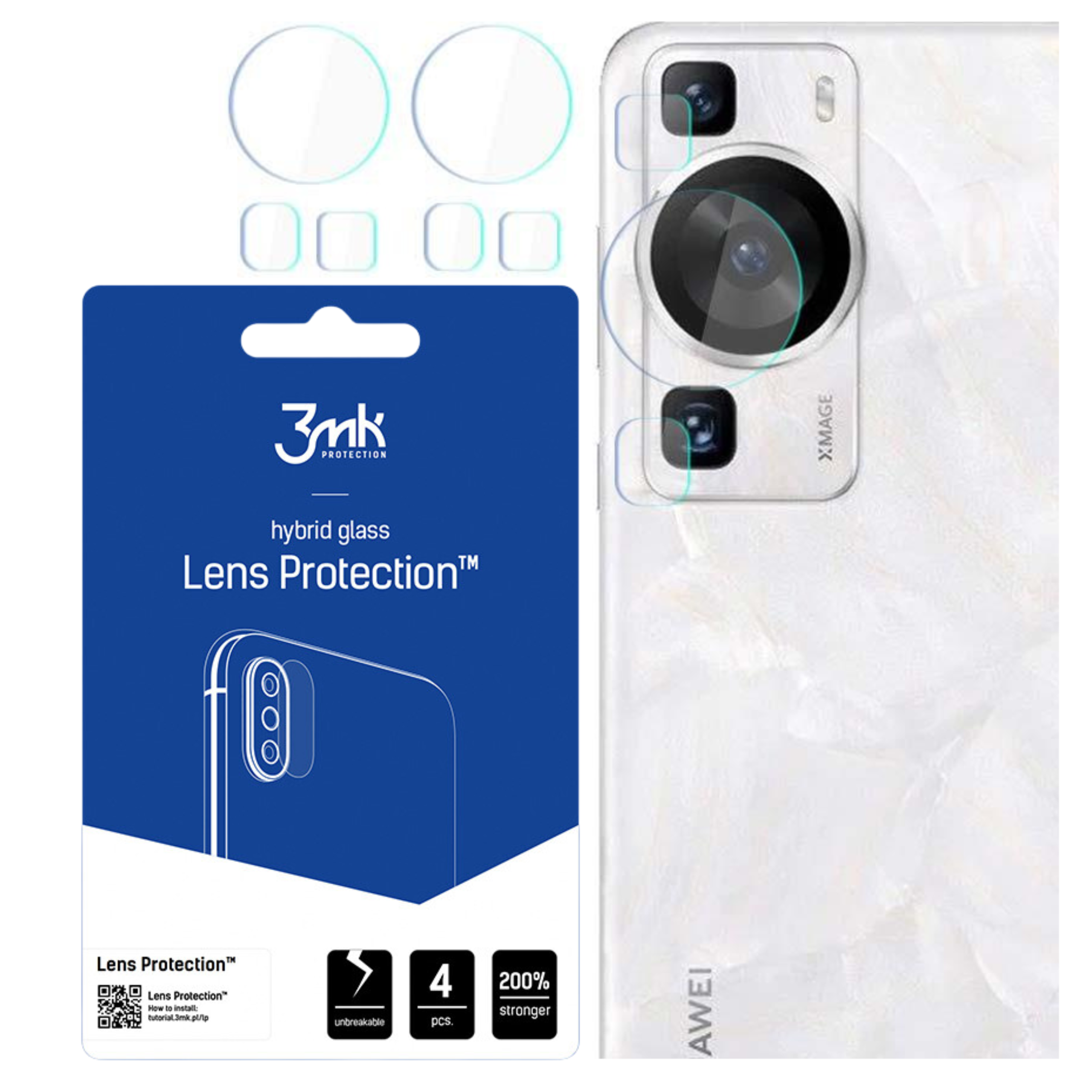 Un telefono con protezioni per lo schermo. Una confezione blu mostra 'Lens Protection'. Le protezioni sono posizionate vicino al telefono.