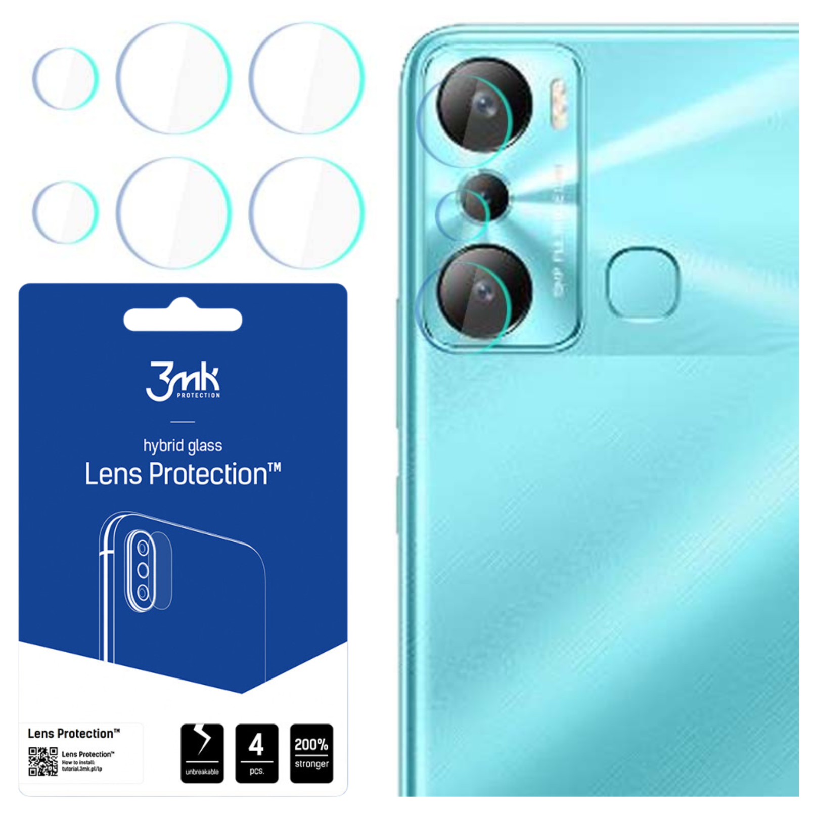 L'immagine mostra protezioni per lenti del telefono, confezione e il modulo fotocamera di un telefono. Le protezioni sono circolari e trasparenti.
