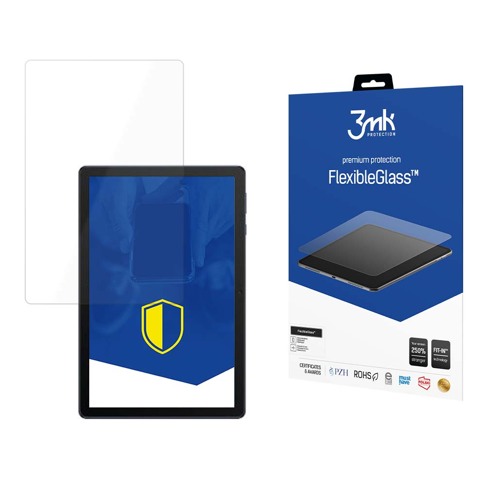 Un tablet con protezione schermo e una confezione. La confezione ha il marchio 3mk e il testo FlexibleGlass.