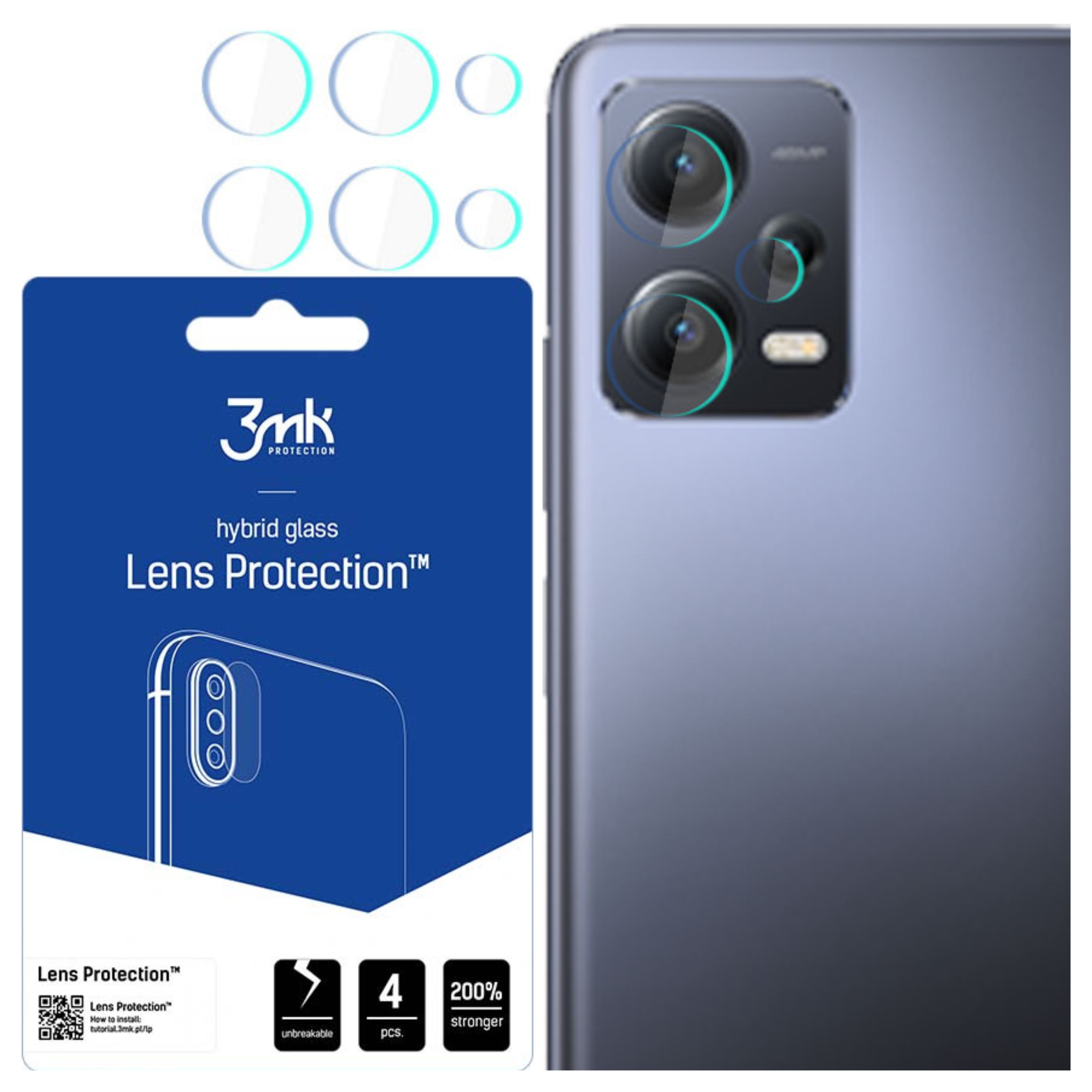Imagen muestra teléfono con protectores de lente. Paquete con información del producto a la izquierda. Protectores de lente arriba a la izquierda.