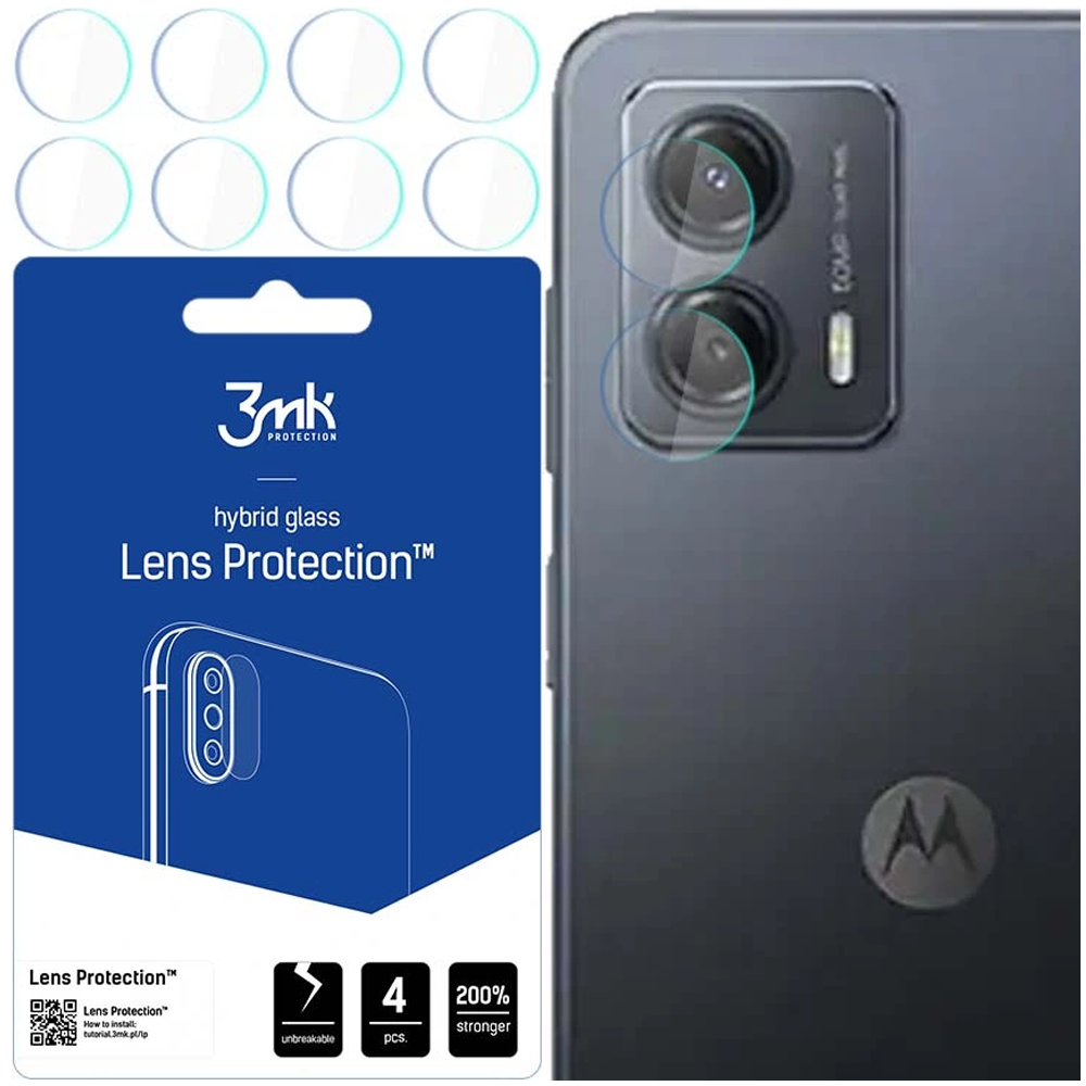 Un teléfono con protectores de lente, embalaje y protectores de lente adicionales. El teléfono es gris oscuro. El embalaje es azul.