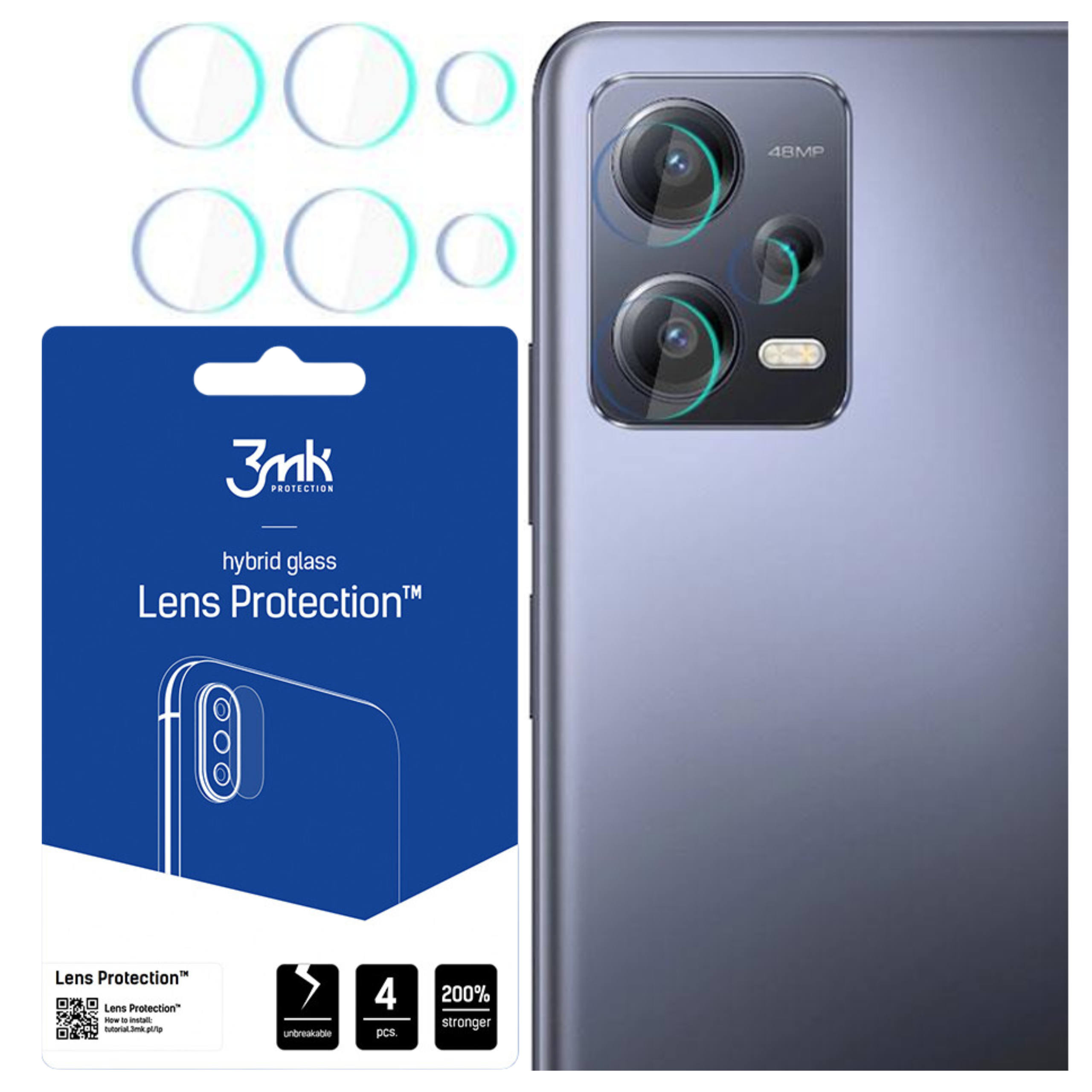 L'immagine mostra uno smartphone e una confezione di protezione dell'obiettivo. Il telefono ha lenti della fotocamera. La confezione mostra la protezione.