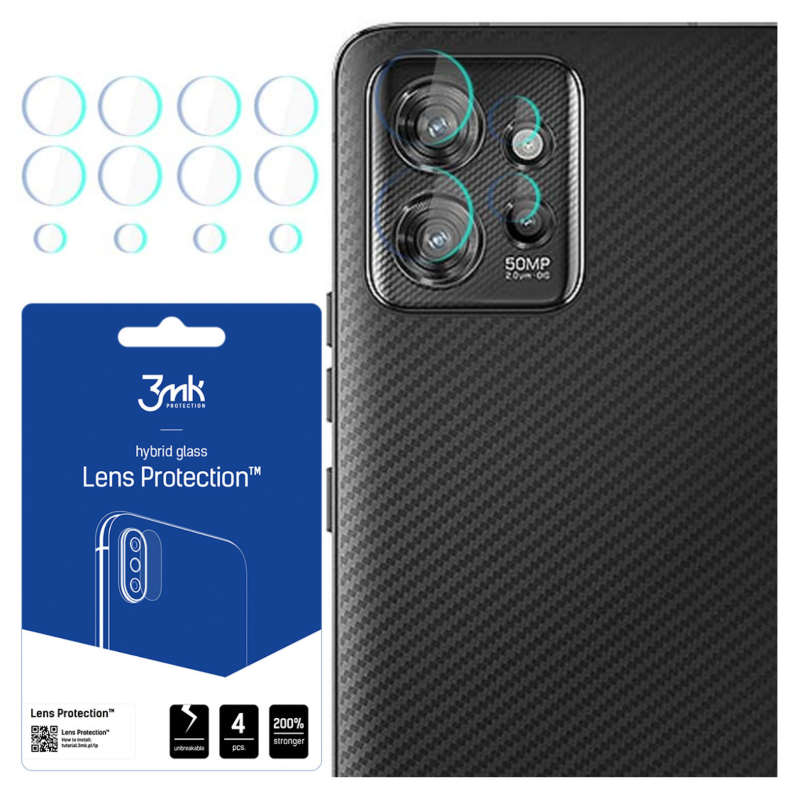 Un telefono e delle protezioni per lenti sono esposte. Il telefono ha un rigonfiamento della fotocamera. La confezione protettiva è blu.