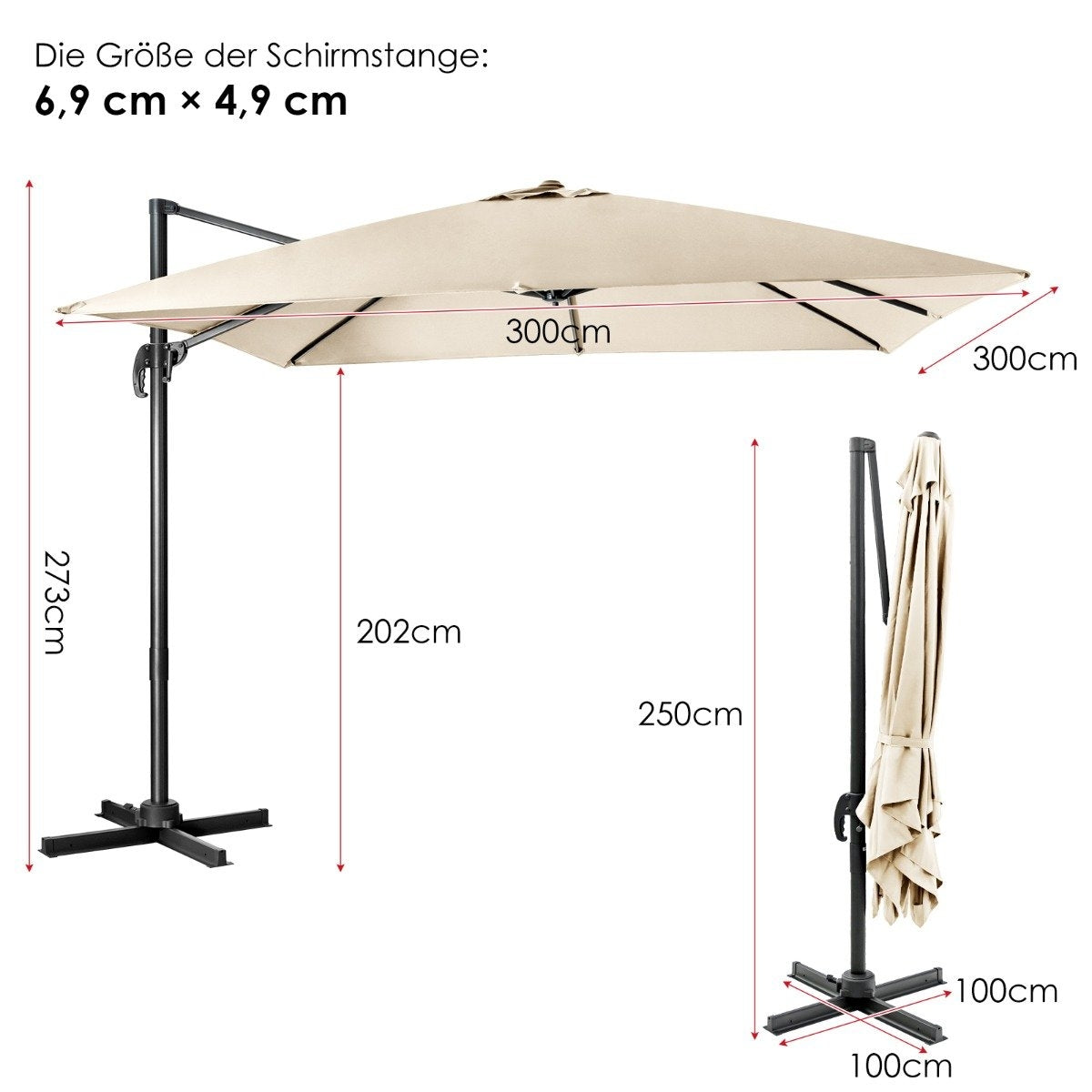 Se muestra una sombrilla beige con dimensiones en centímetros, con una vista lateral cerrada. Se proporcionan medidas.