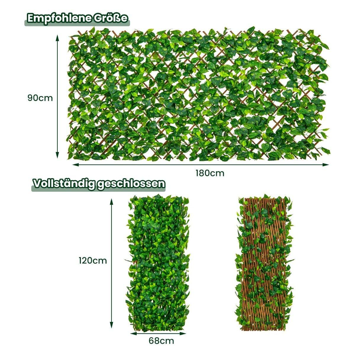 La imagen muestra un enrejado verde y frondoso en dos formas, con dimensiones etiquetadas. Uno está abierto, el otro cerrado y un tercero es de madera.