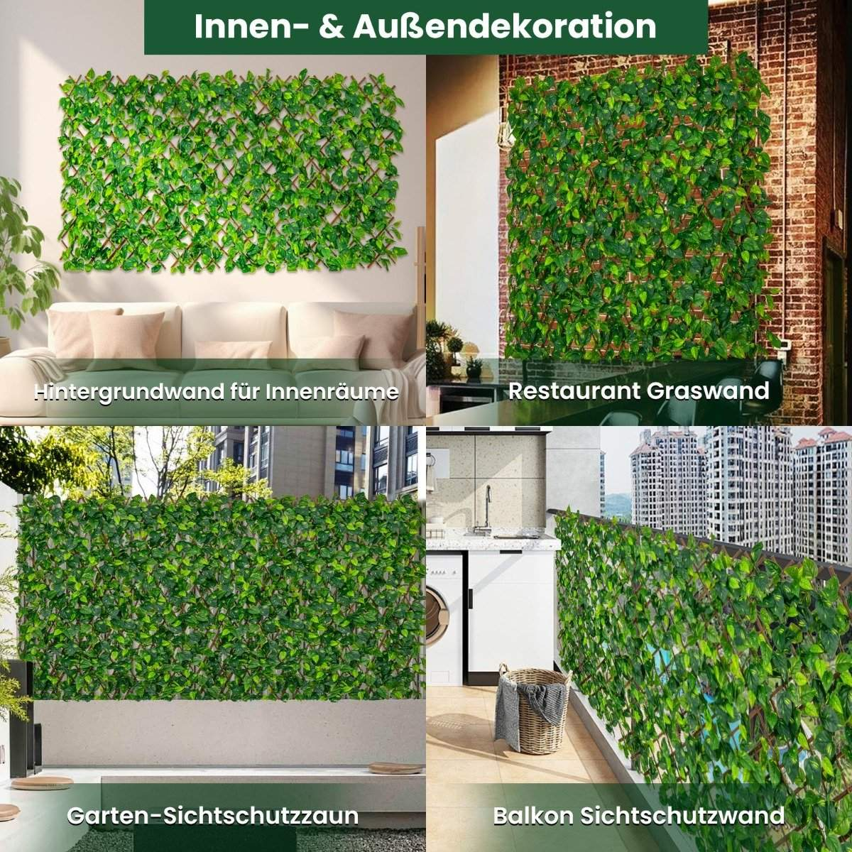 La imagen muestra diferentes usos de hiedra artificial. Los ejemplos incluyen decoración de paredes, vegetación de restaurantes, vallas de jardín y pantallas de balcón.