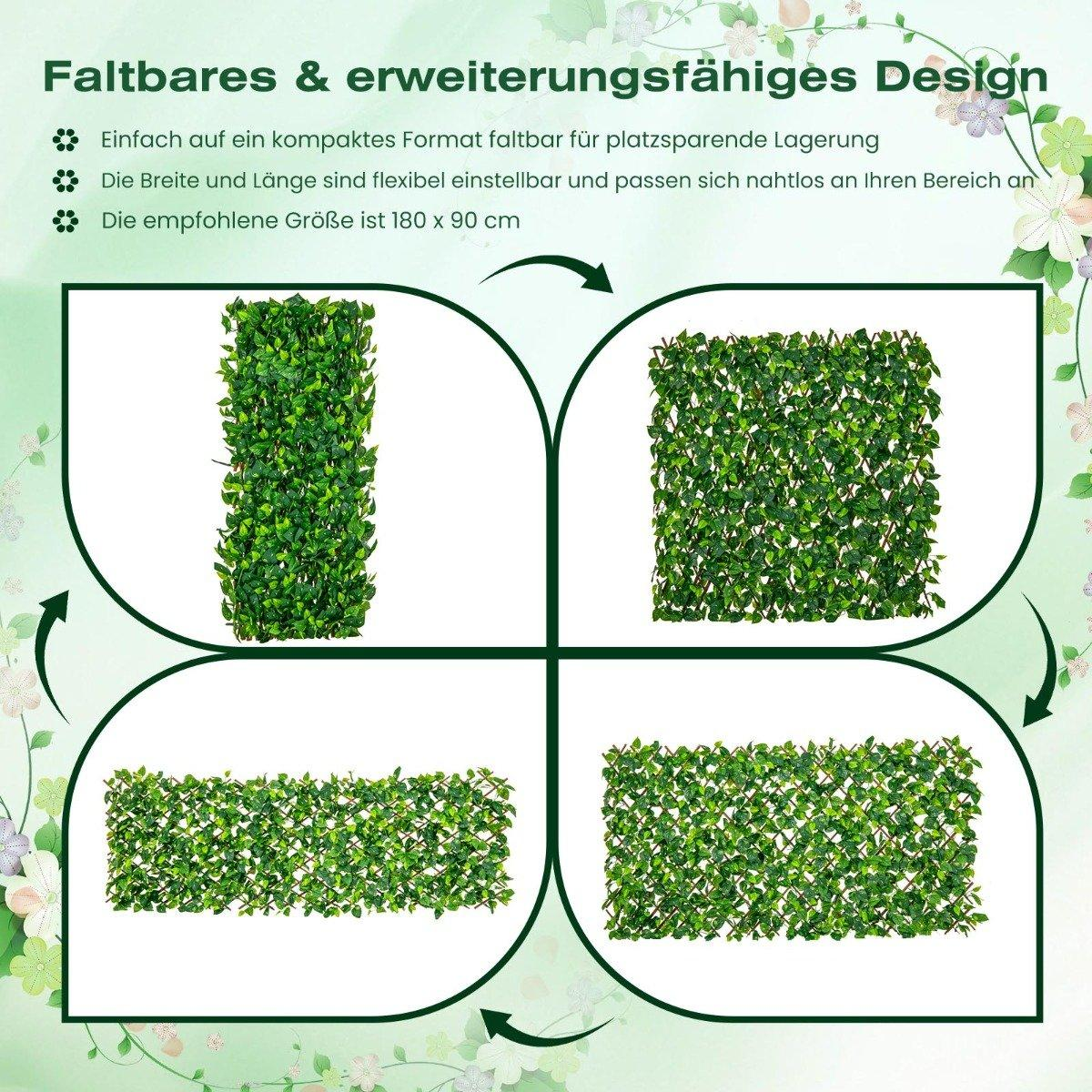 La imagen muestra un diseño verde y expandible. Cuatro secciones ilustran el plegado y la expansión. El texto describe las características.