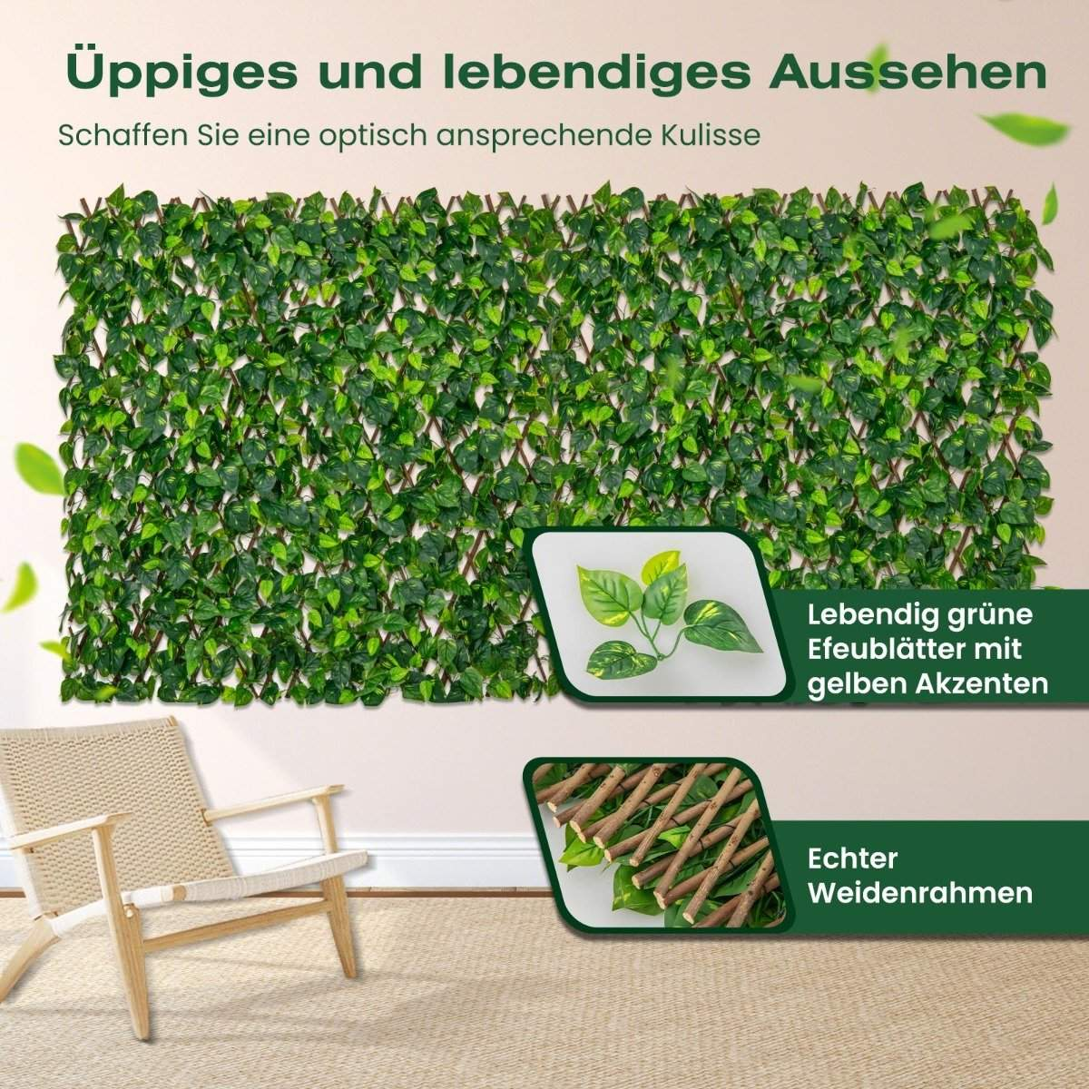 Una pared verde y frondosa con marco de madera. Debajo, imágenes detalladas de hojas y marco de madera. Una silla en primer plano.