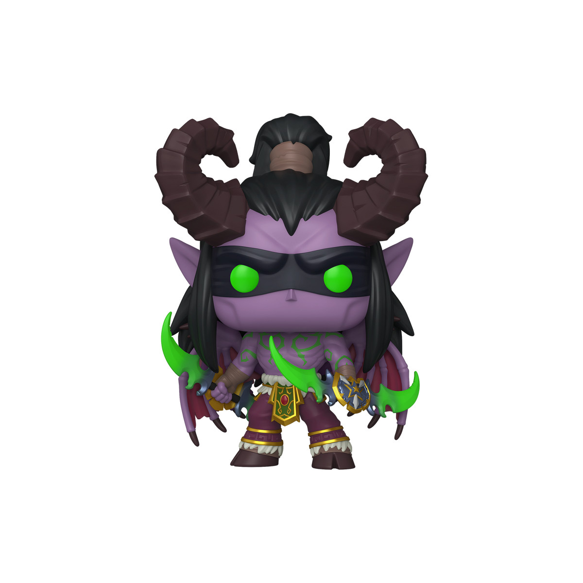 Figurka Funko Pop Illidana Stormrage'a. Fioletowa skóra, zielone oczy, czarna opaska na oczy, rogi, zielone ostrza i tatuaże, czerwone spodnie.