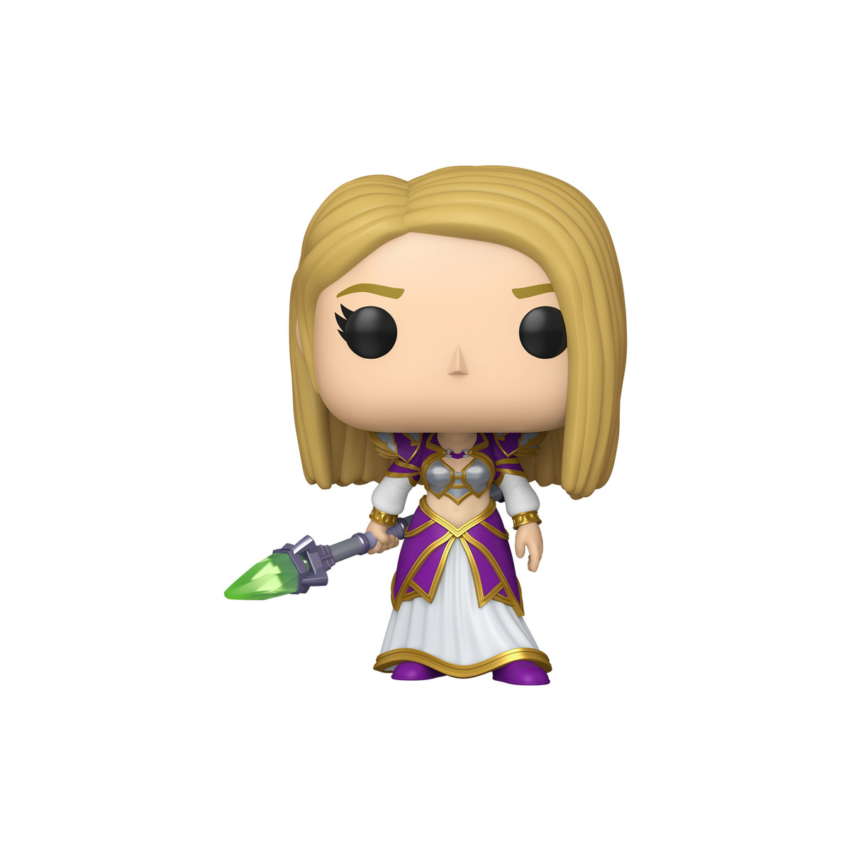 Figurka Funko Pop Jaina Proudmoore. Blond włosy, fioletowo-biała zbroja, trzymająca laskę z zielonym kryształem na białym tle.