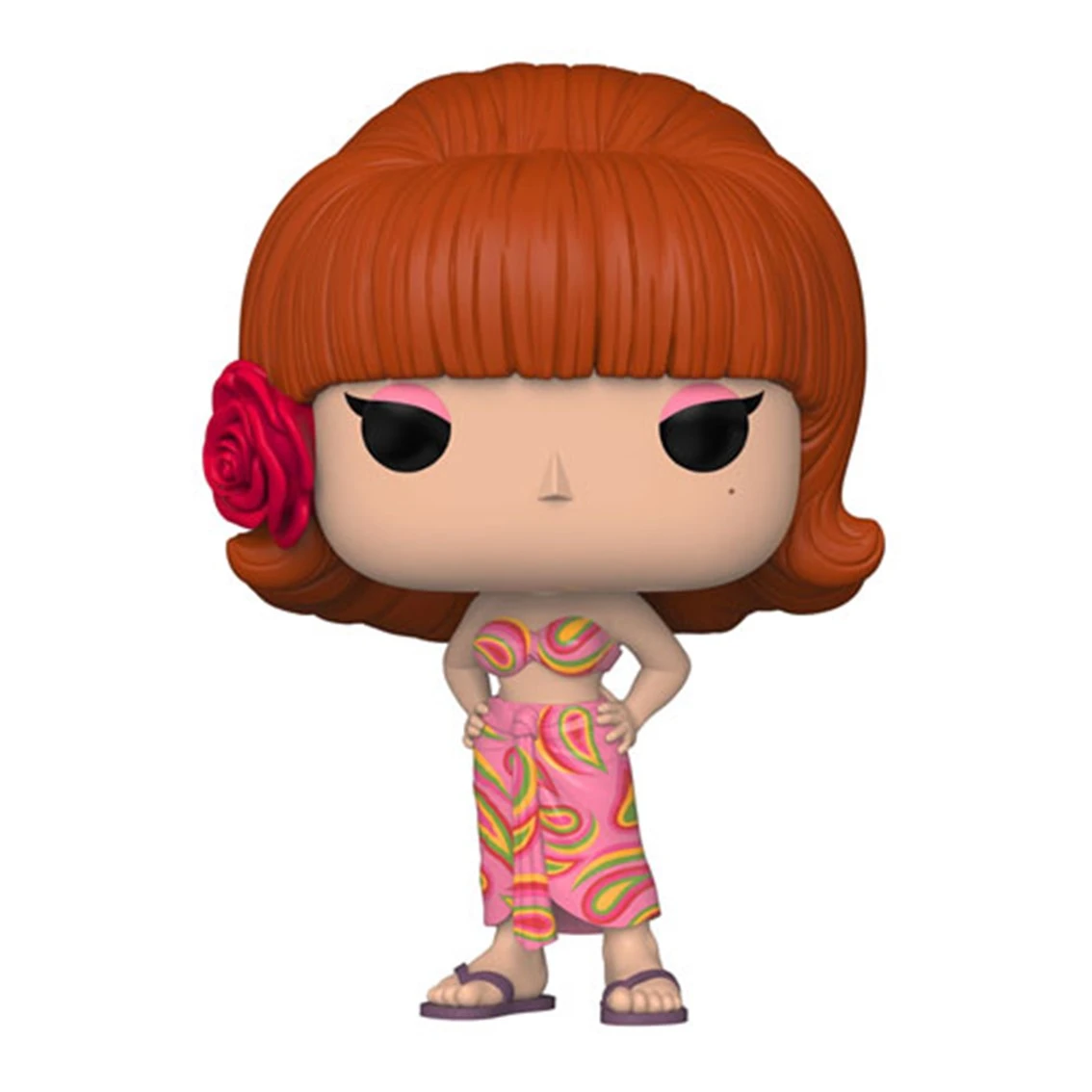 Figurka Funko Pop kobiety z rudymi włosami, różą i różowym kwiatowym strojem, stojącej z rękami na biodrach.