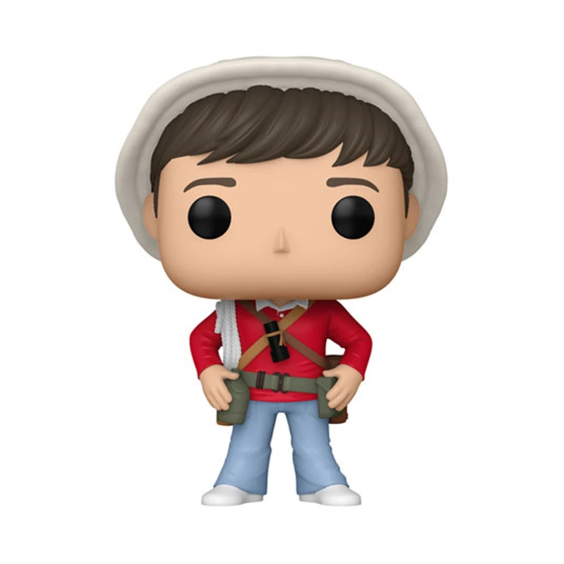 Una figura de Funko Pop de una persona con camisa roja, pantalones azules y sombrero beige. La figura tiene binoculares y una bolsa.