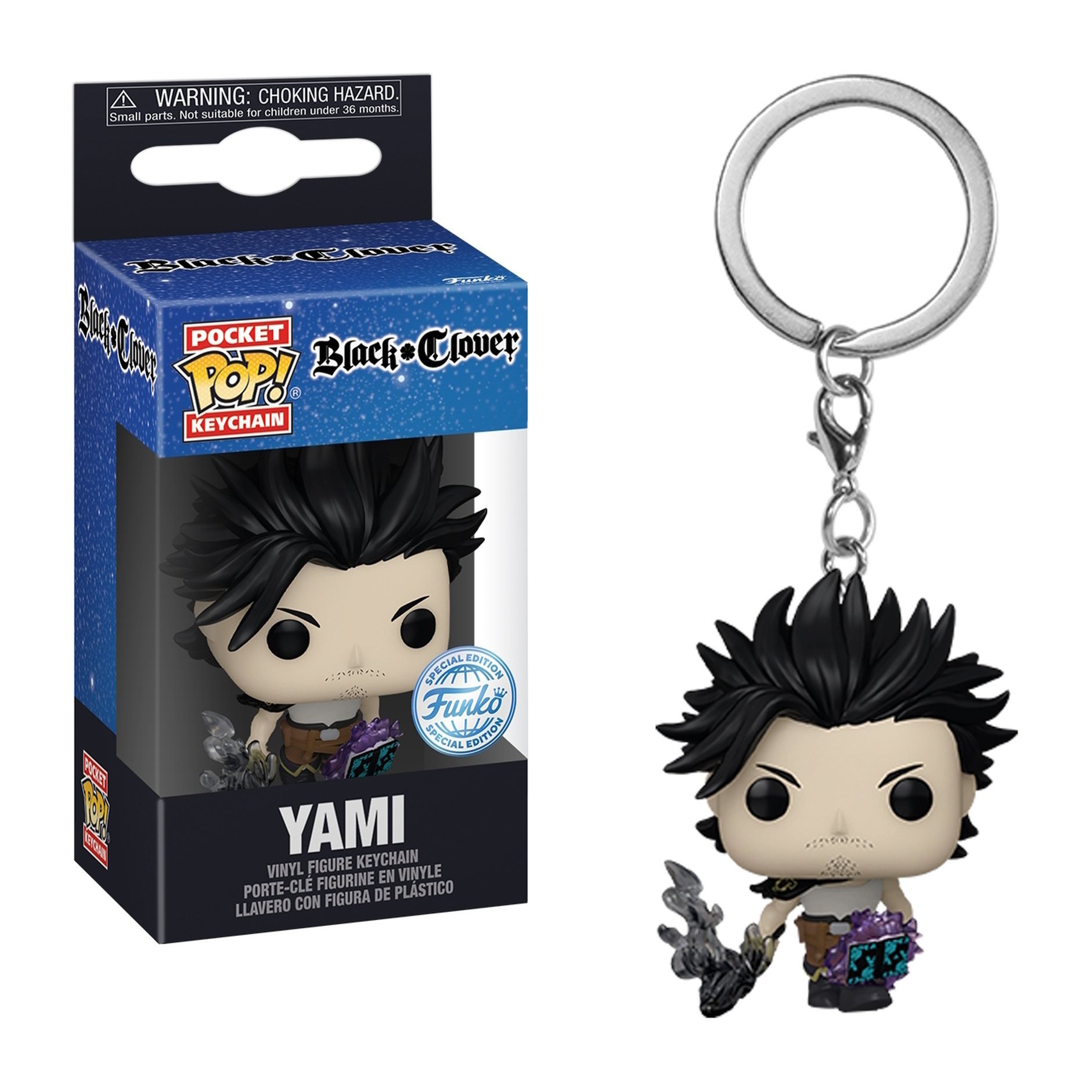 Brelok Pop! z Yami z Black Clover. Pokazuje figurkę i opakowanie. Figurka ma czarne włosy i trzyma broń.