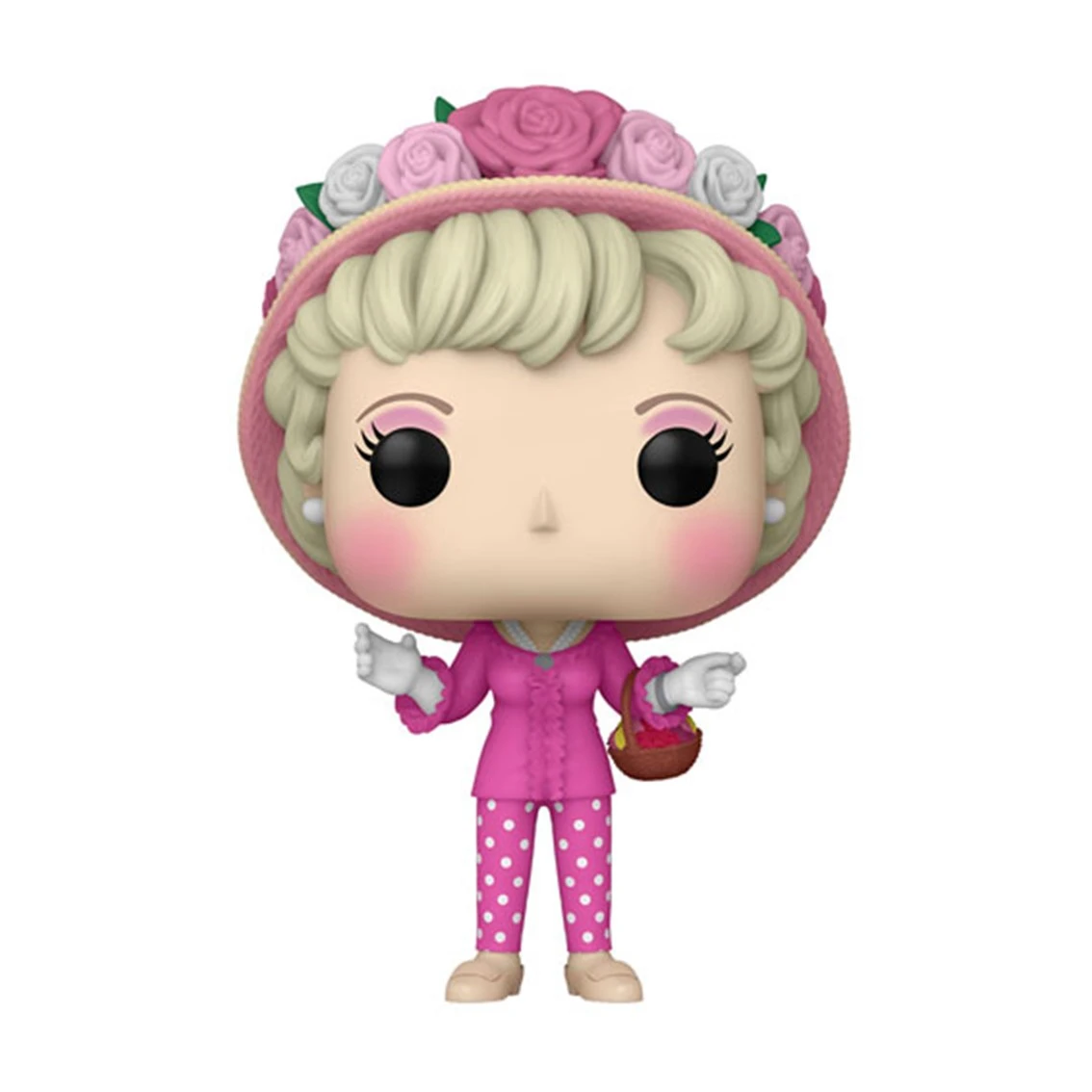 Eine Funko Pop Figur einer Frau in rosa Pyjama mit weißen Punkten, einem Hut mit Rosen und einem Korb. Sie hat blondes Haar und ein puppenähnliches Gesicht.