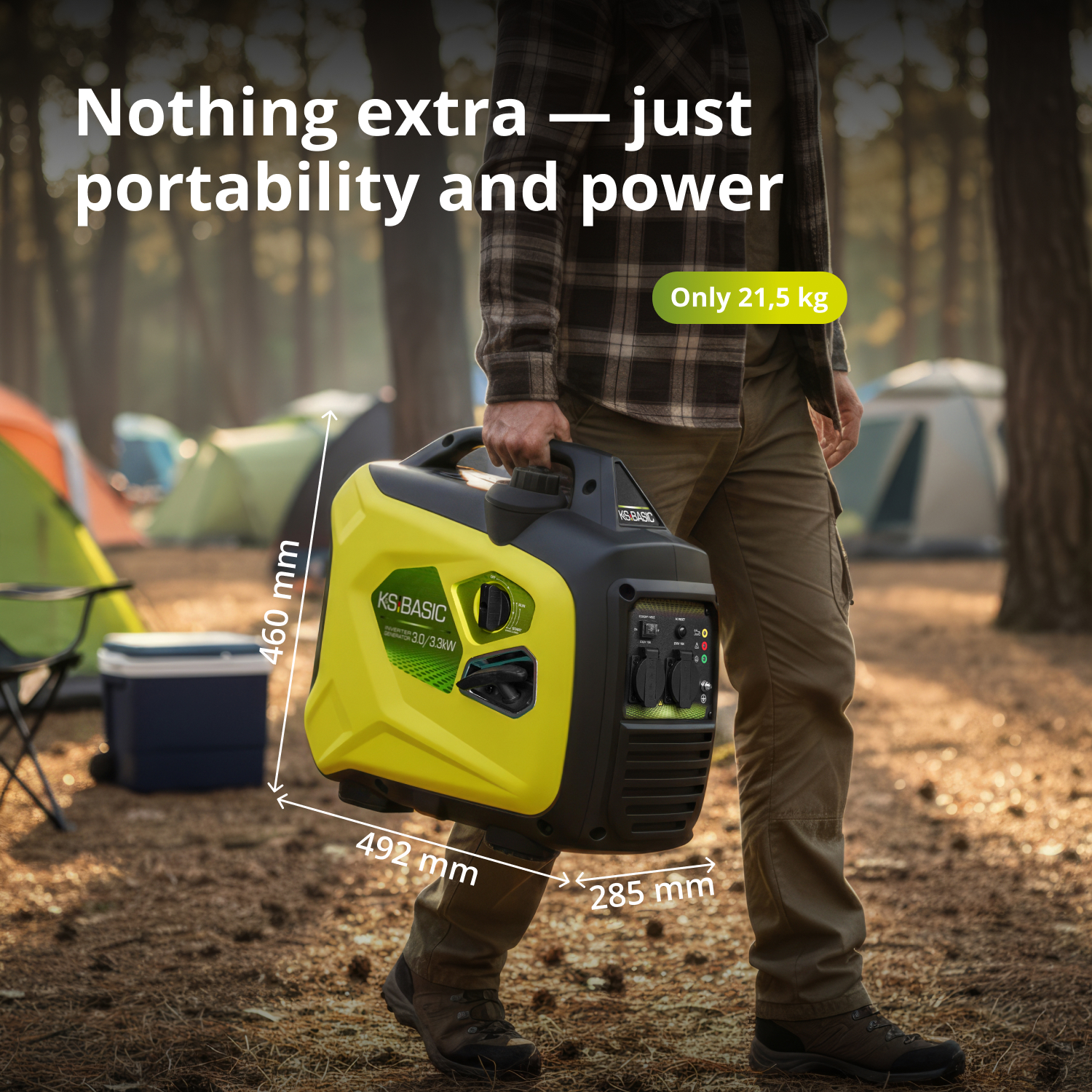 Osoba niesie żółto-czarny generator, wymiary są pokazane. Tekst: Nic więcej - tylko przenośność i moc, tylko 21,5 kg.