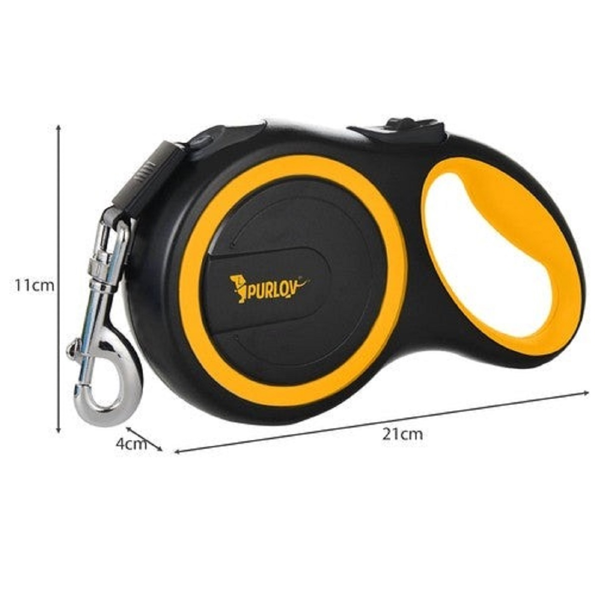 Correa para perros negra y amarilla. Tiene un gancho y un asa. Las dimensiones son 21 cm de largo, 11 cm de alto y 4 cm de ancho.