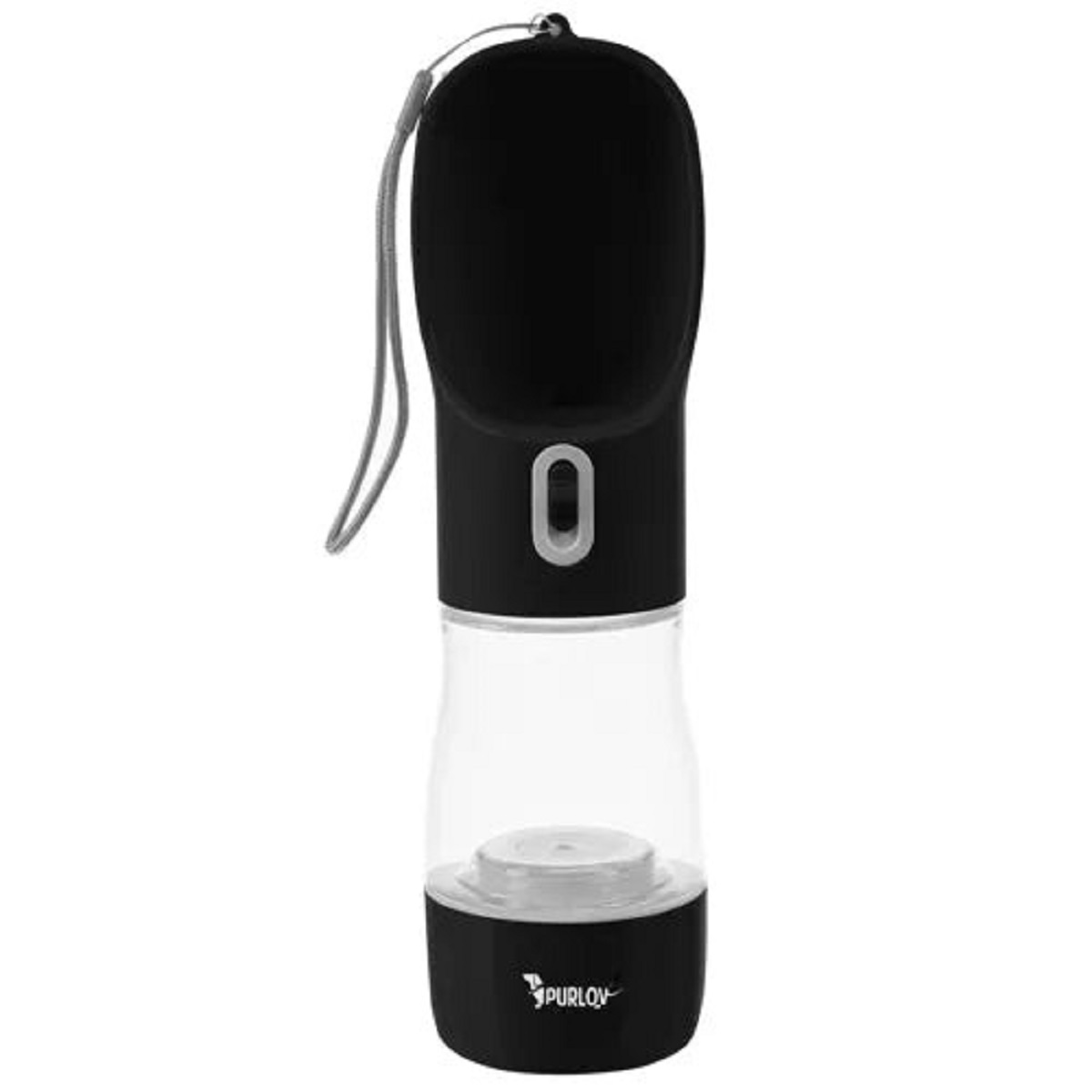 Una botella de agua para perros negra y transparente. Tiene una tapa negra, una botella transparente y una base negra con el nombre de la marca. Una correa gris adjunta.