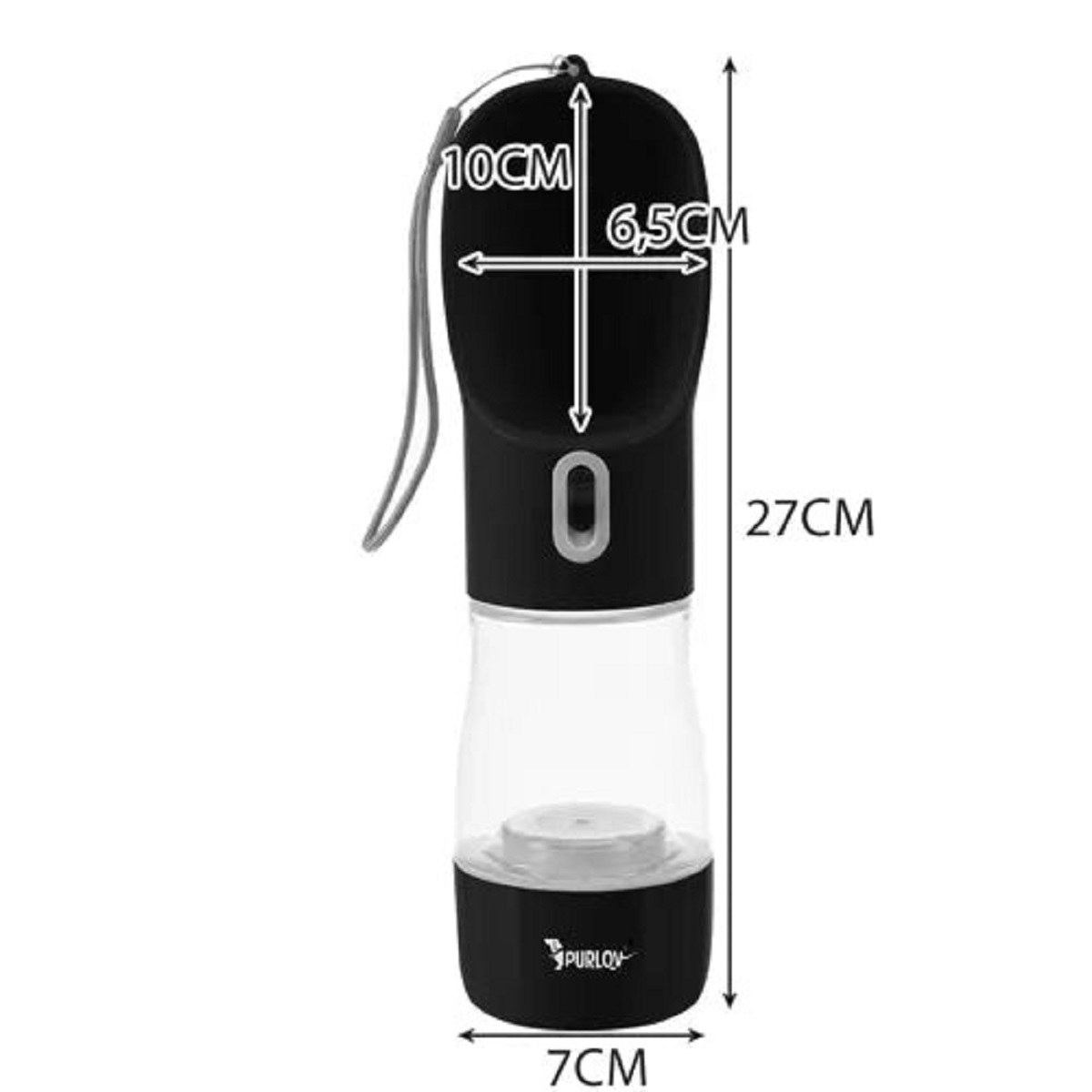 Botella de agua para mascotas negra y transparente con medidas. Tiene un asa. Las dimensiones se muestran en cm.
