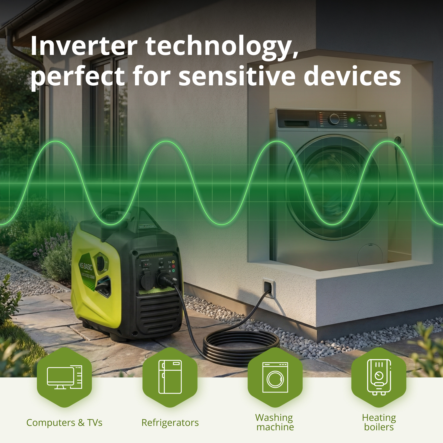 Generator zasila pralkę. Zielony wykres fal. Wyświetlane są ikony komputerów, lodówek, pralek i kotłów grzewczych.