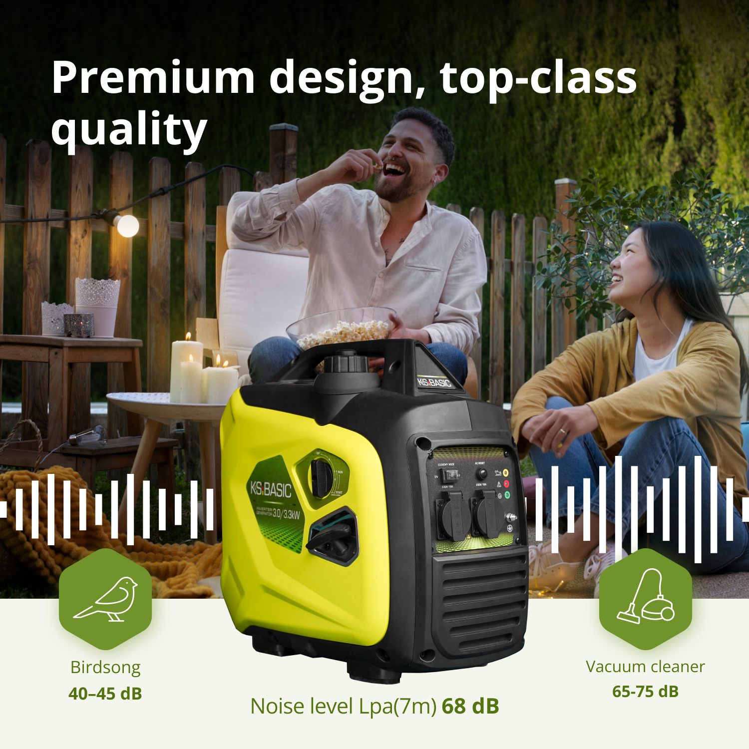 Generator w ogrodzie z ludźmi. Mężczyzna je popcorn, kobieta się uśmiecha. Tekst brzmi: 'Design premium, najwyższa jakość'.