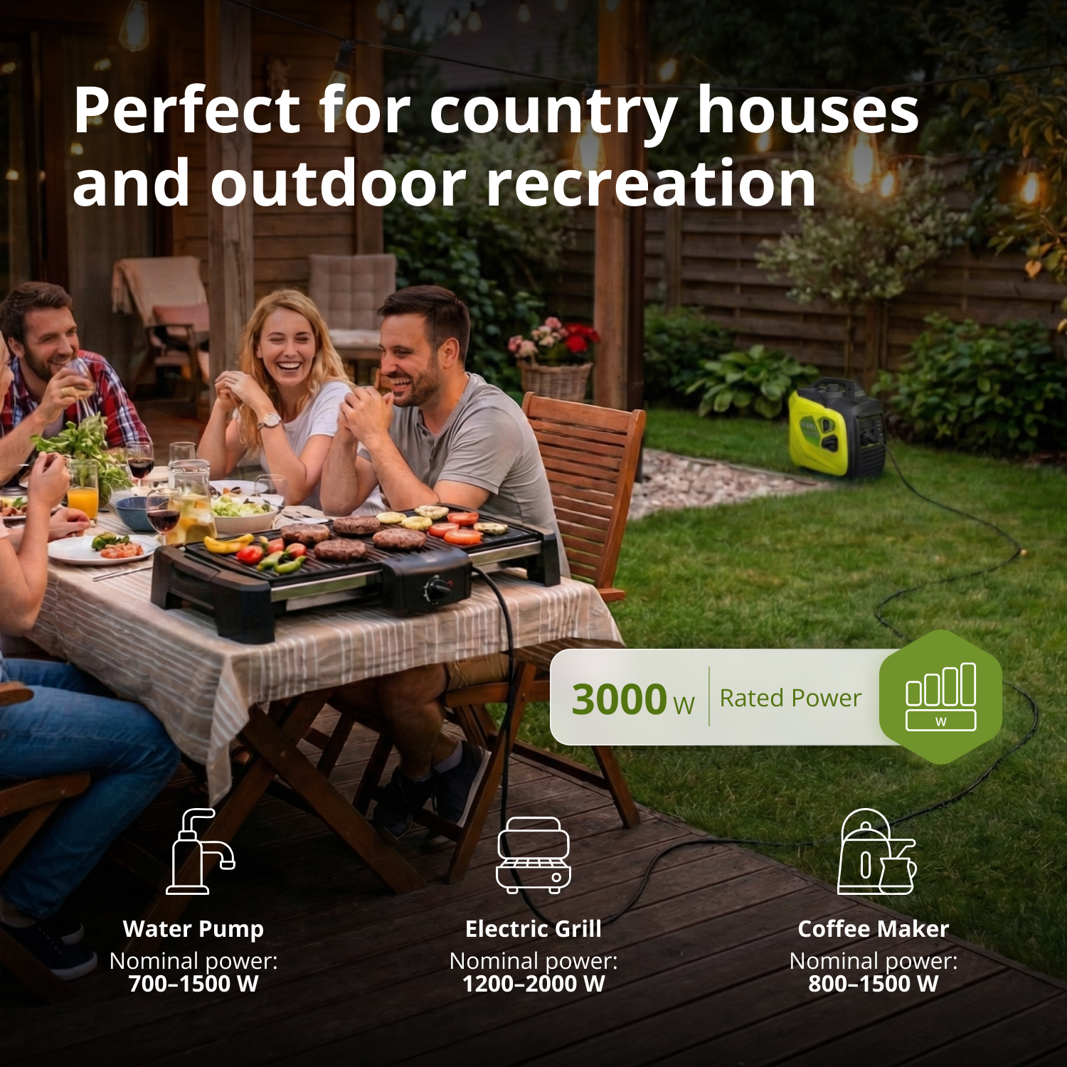 Przyjaciele przy stole z jedzeniem, grillem i generatorem. W tle widać dom, ogród i ekspres do kawy.