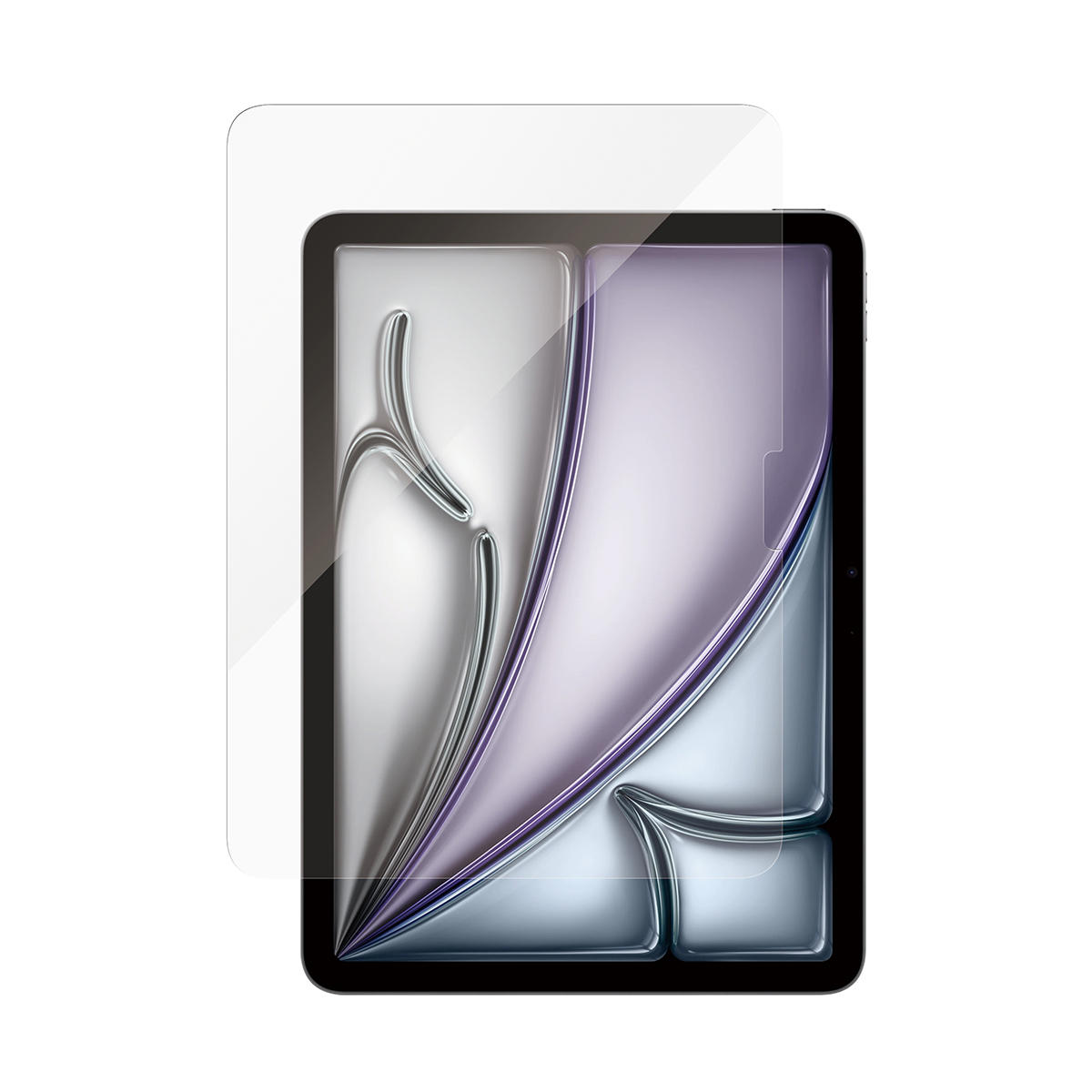 Ekran koruyuculu tablet. Ekran, gümüş ve mor renklerle parlak bir tasarım gösteriyor. Koruyucu şeffaf.