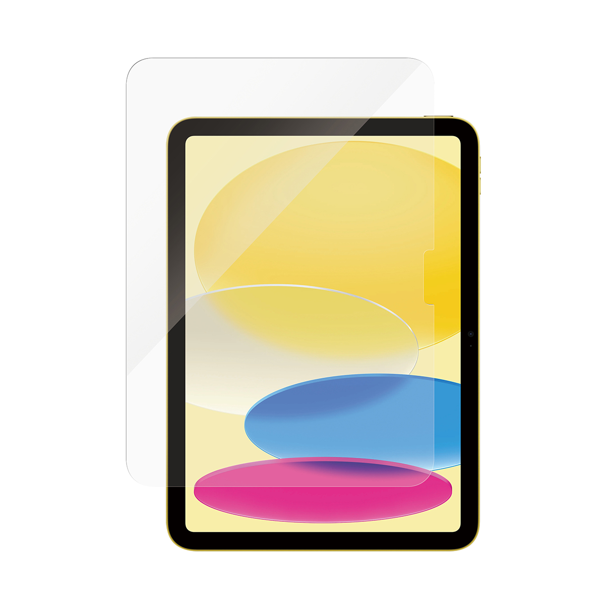 Ekran koruyuculu bir tablet. Ekranda sarı, mavi ve pembe şekiller var. Tabletin altın rengi bir çerçevesi var.