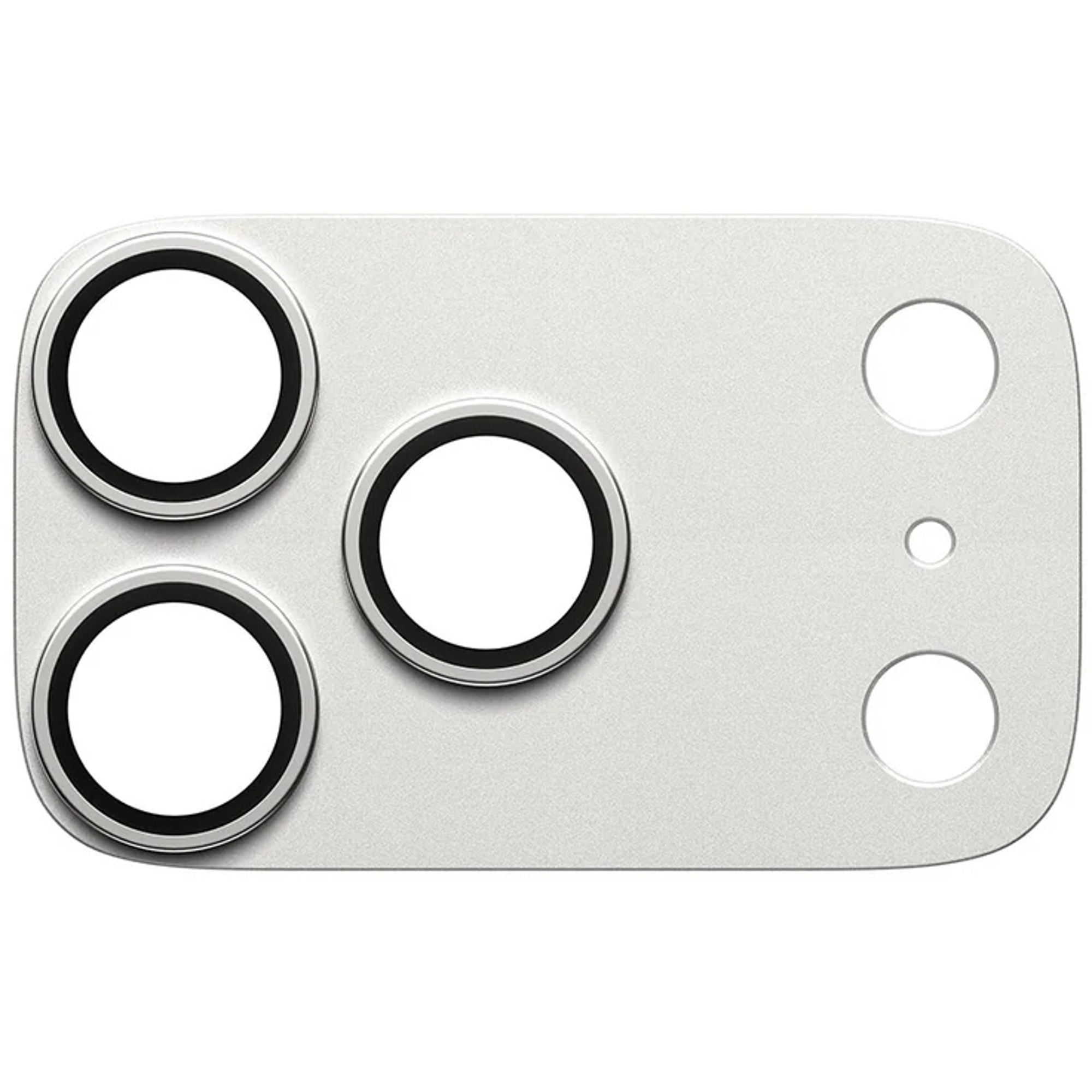 Module de caméra de téléphone argenté avec trois grandes et trois petites ouvertures d'objectif, toutes circulaires. Anneaux noirs.