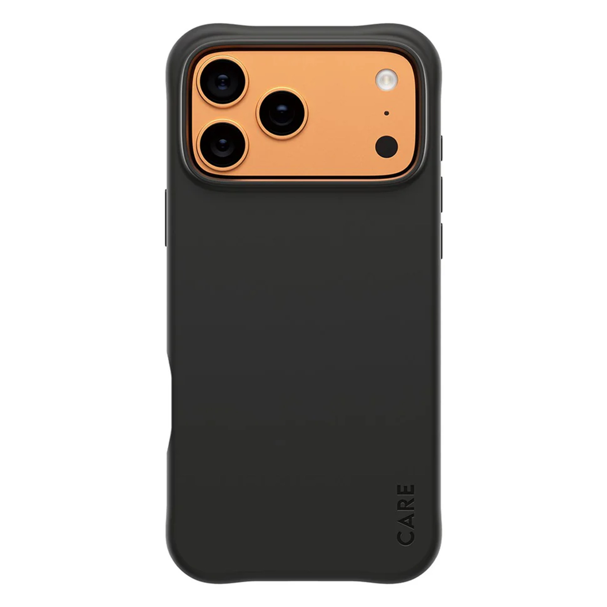 Altın kamera alanlı siyah telefon kılıfı. Üç lens, bir flaş ve siyah bir nokta içerir. 'CARE' kelimesi altta yazılıdır.