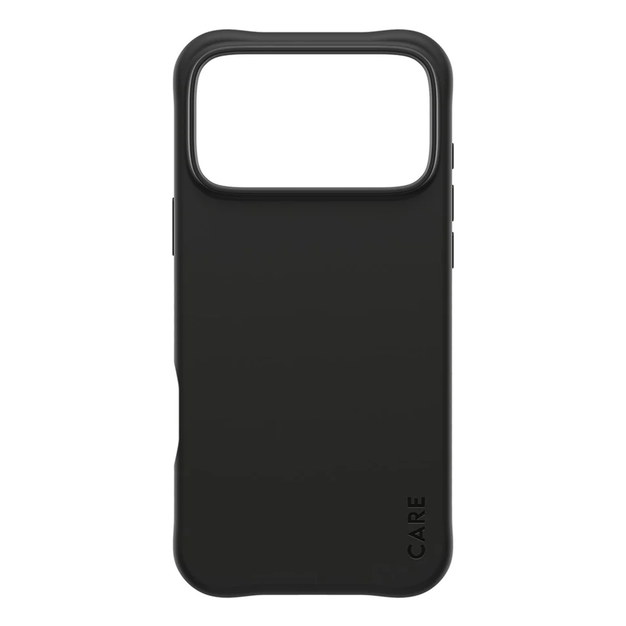 Üstte kamera açıklığı olan siyah bir telefon kılıfı. "CARE" kelimesi sağ alt köşede.