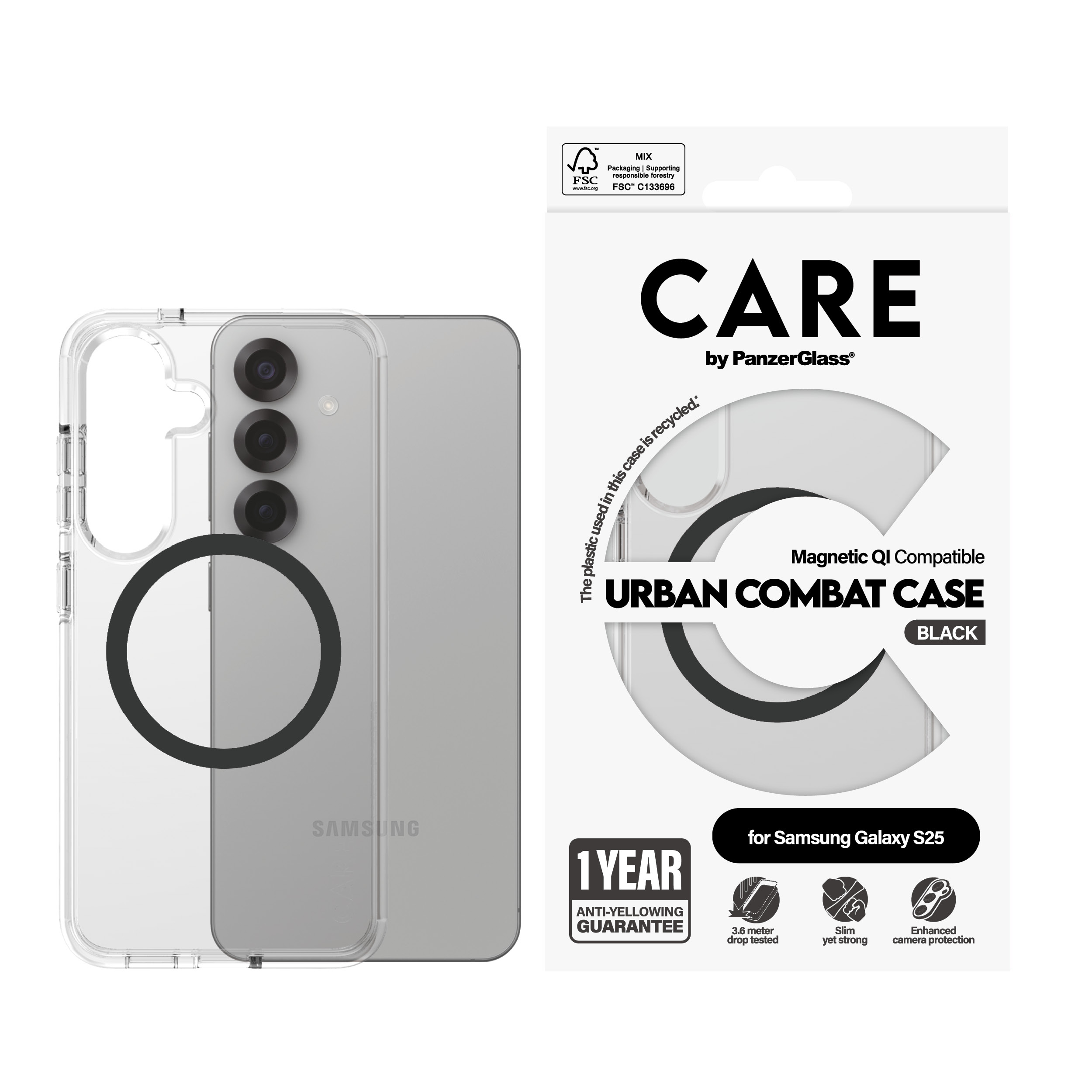 Bir telefon kılıfı paketi, bir telefonu gösteren şeffaf bir kılıfla. Metin 'CARE', 'URBAN COMBAT CASE' ve 'SAMSUNG' içerir.