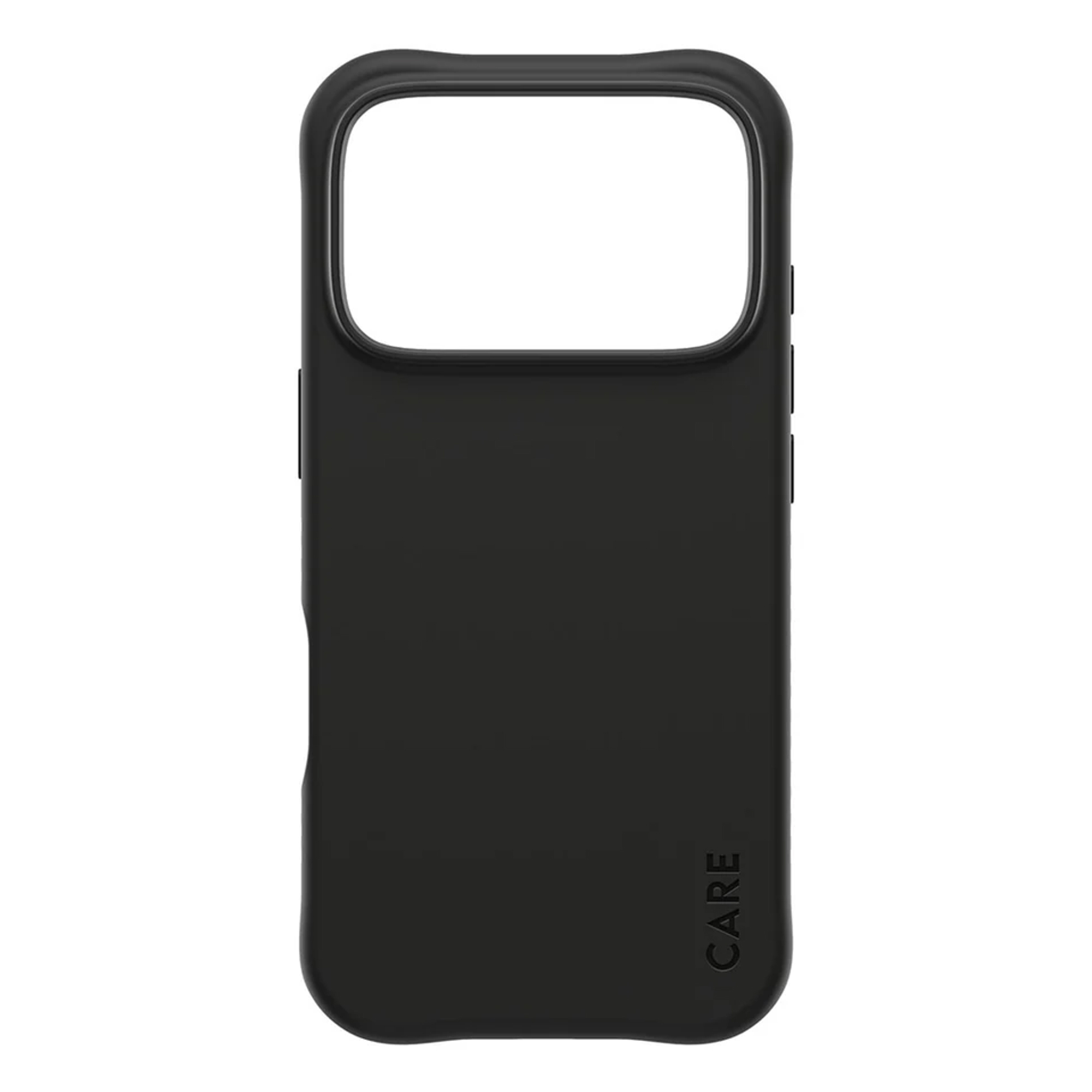 Siyah telefon kılıfı, kamera oyuğu ve alt kısımda 'CARE' yazısı.