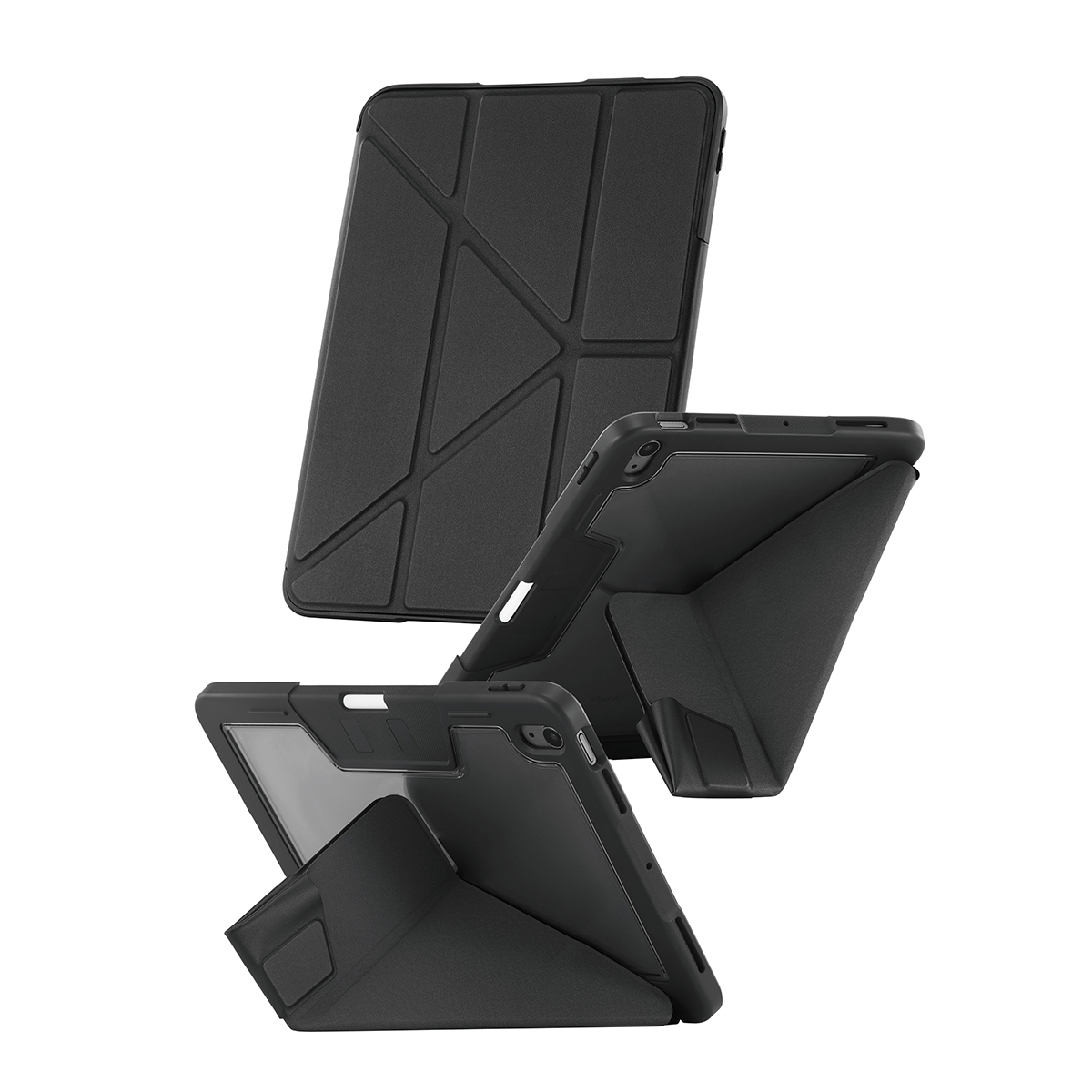 Üç siyah tablet kılıfı sergileniyor, biri tamamen açık, diğerleri kısmen. Hepsi geometrik tasarımlara ve stand-up işlevine sahip.