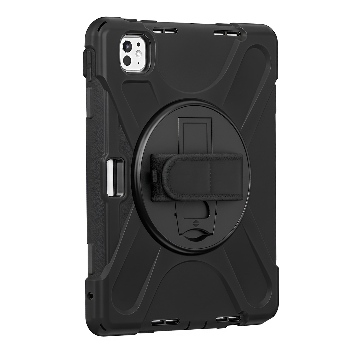 Custodia nera per tablet con cinturino e supporto. Design robusto con angoli rinforzati e impugnatura circolare.