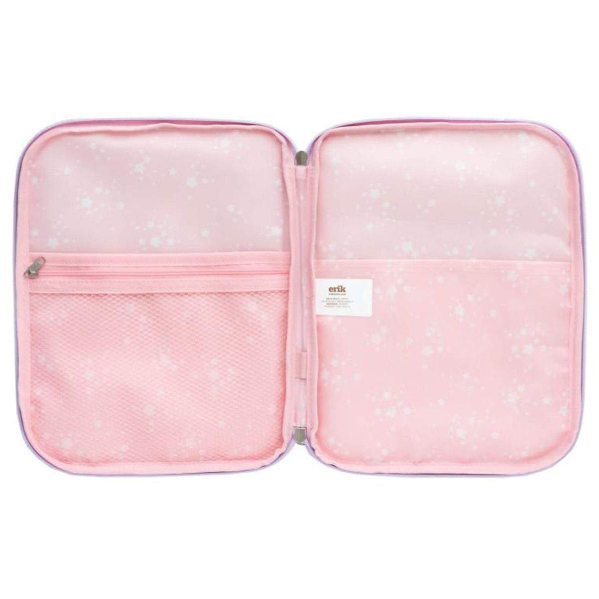 Astuccio rosa e viola aperto con tasca con cerniera, tasca a rete e interno stampato.