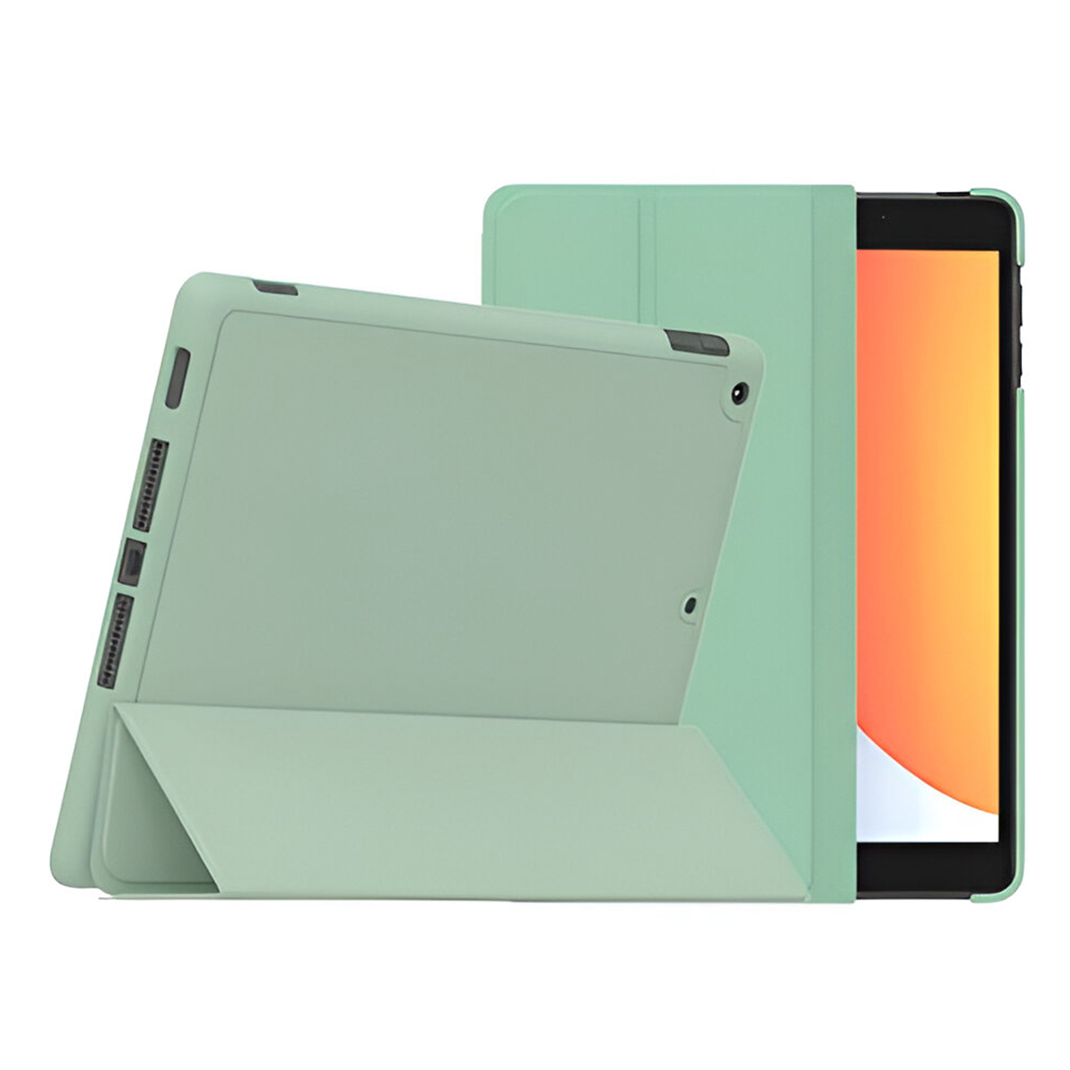 Due custodie per tablet verde menta, una aperta, che rivela lo schermo del tablet con sfumature arancioni e gialle, l'altra chiusa.