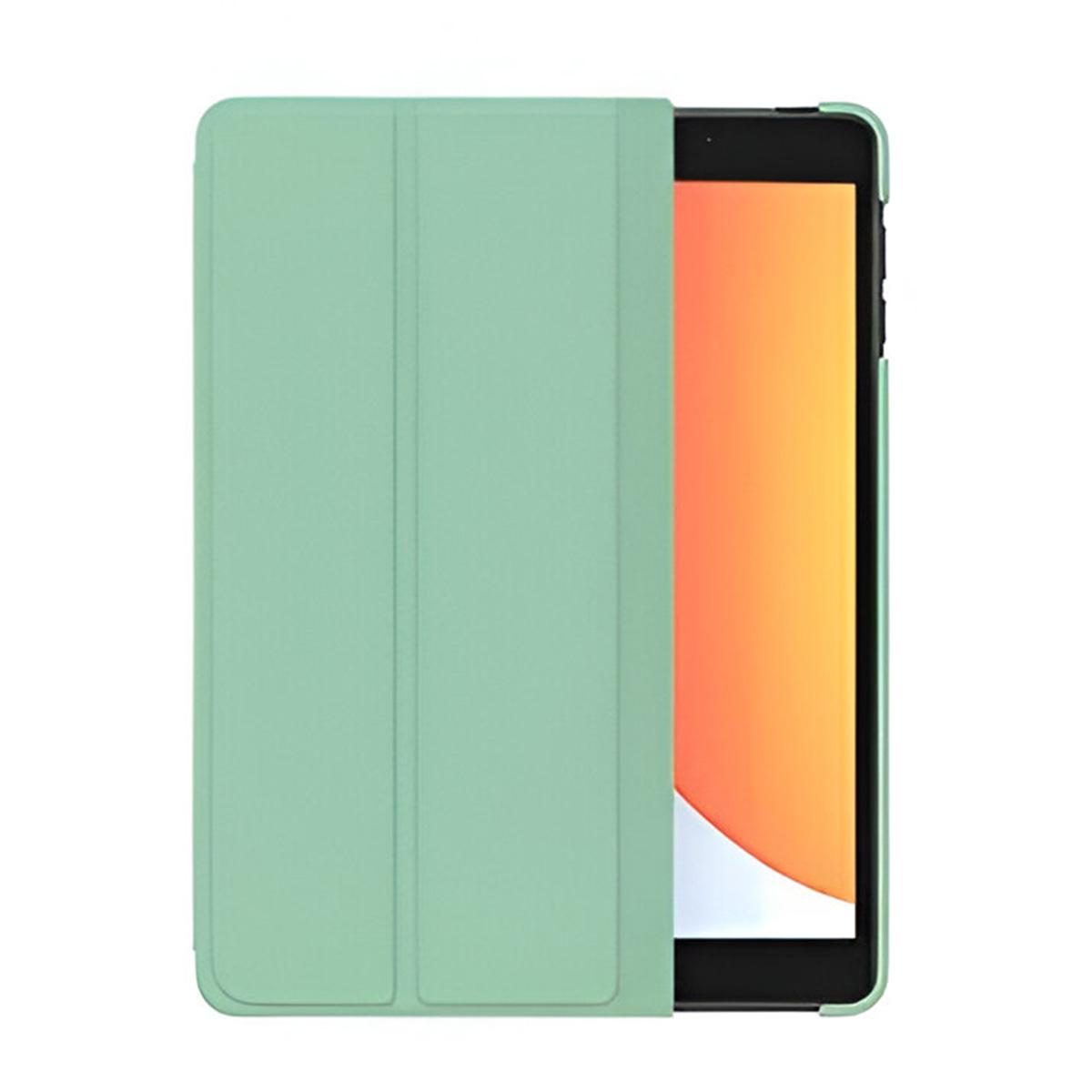 Un tablet con una cover verde, parzialmente aperta, che mostra uno schermo arancione. Il tablet è nero. La cover è verde chiaro.